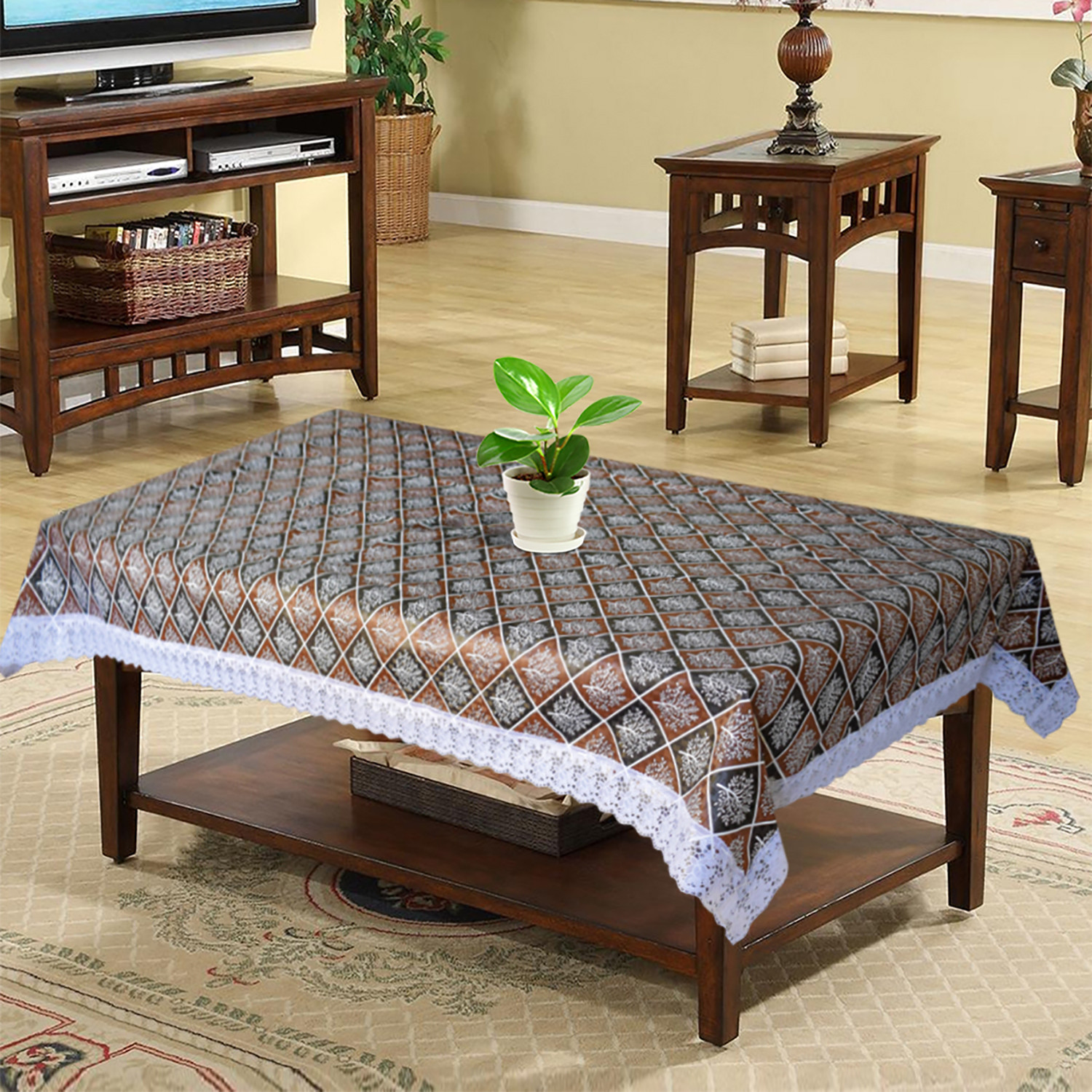 Kuber Industries Leaf Printed PVC 4 Seater Center Table Cover, Protector With White Lace Border, 40