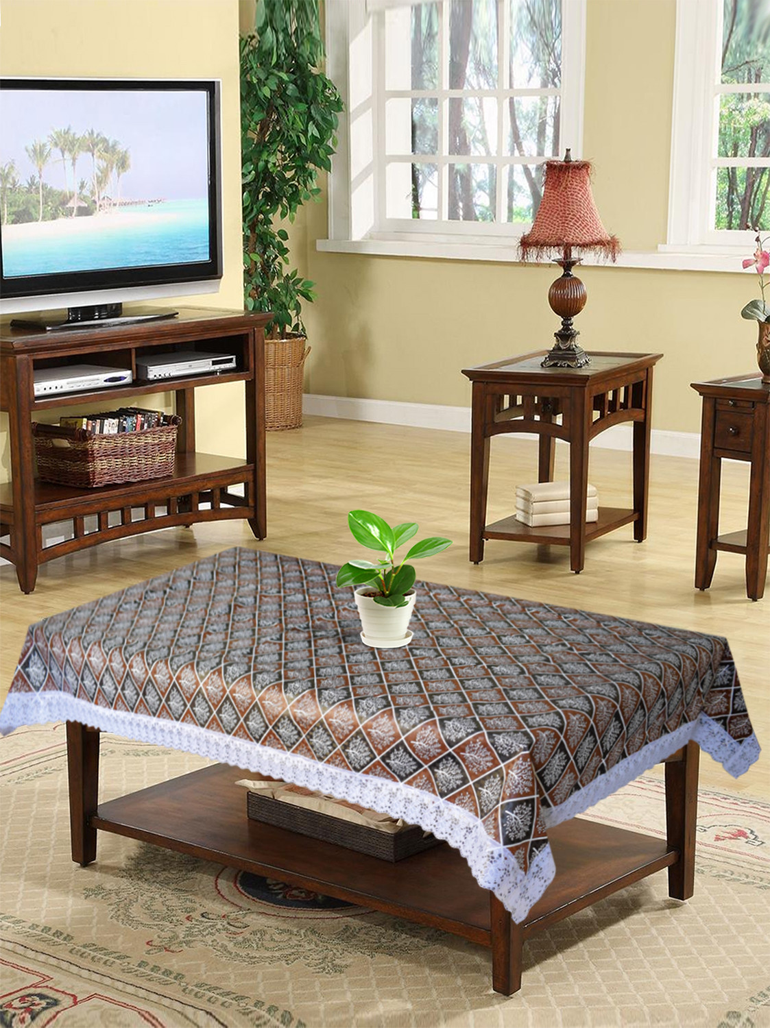 Kuber Industries Leaf Printed PVC 4 Seater Center Table Cover, Protector With White Lace Border, 40