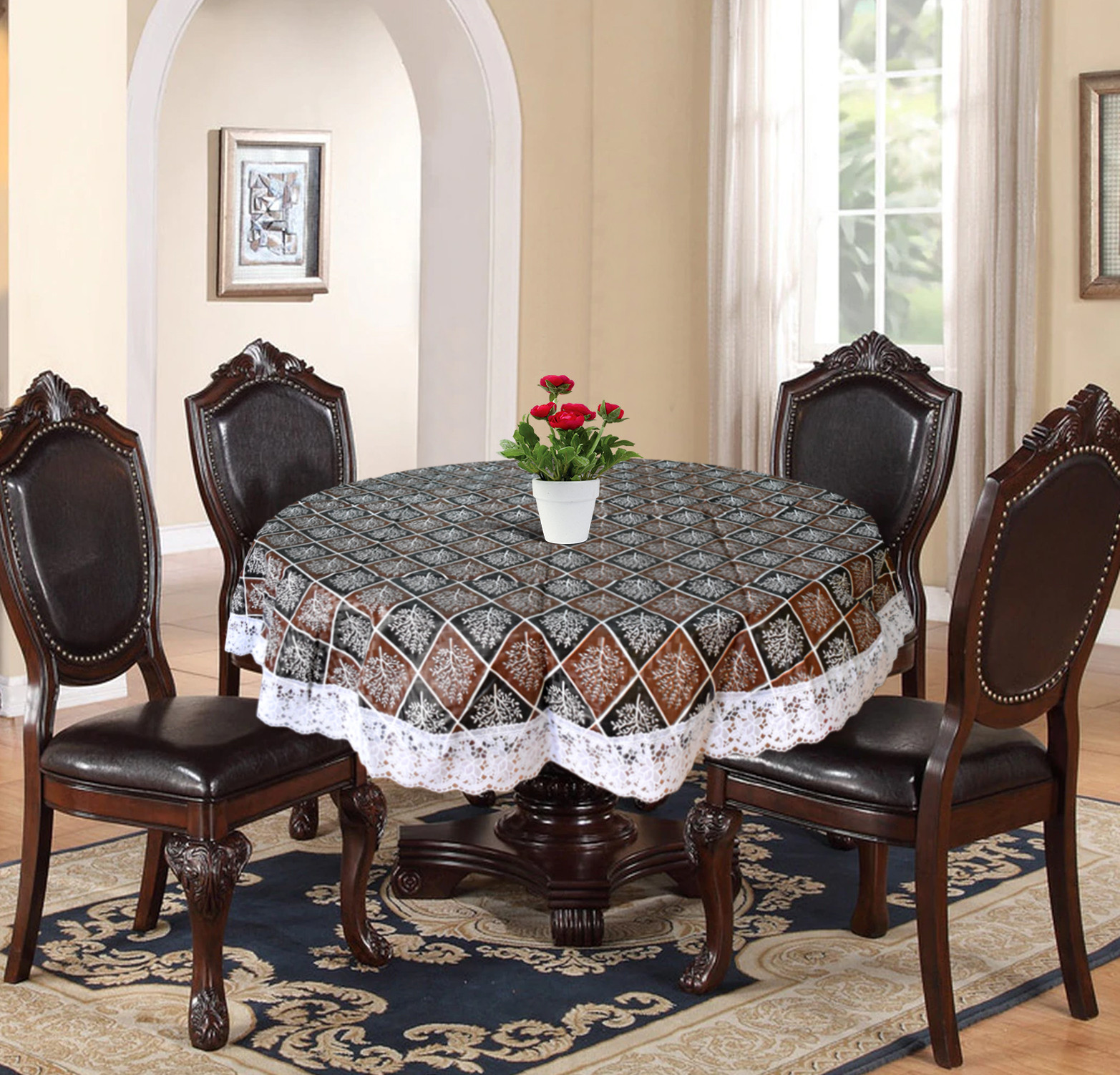 Kuber Industries Leaf Printed PVC 4 Seater Round Shape Table Cover, Protector With White Lace Border, 60