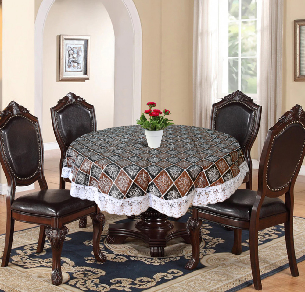 Kuber Industries Leaf Printed PVC 4 Seater Round Shape Table Cover, Protector With White Lace Border, 60&quot;x60&quot; (Brown &amp; Black)
