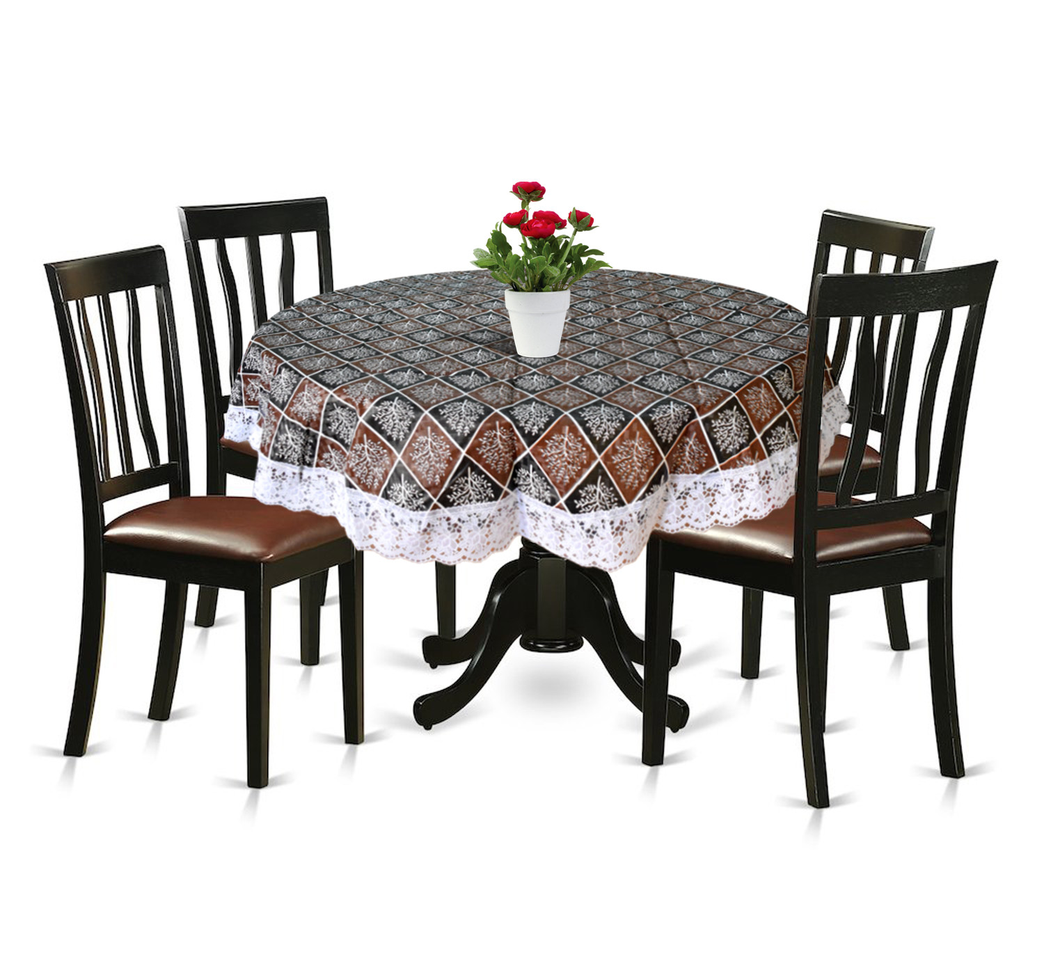 Kuber Industries Leaf Printed PVC 4 Seater Round Shape Table Cover, Protector With White Lace Border, 60
