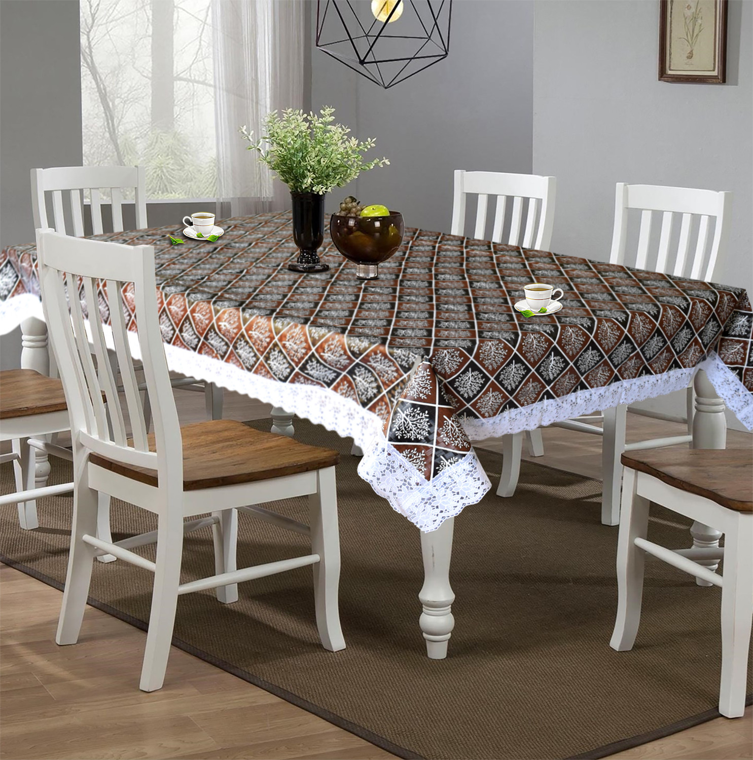 Kuber Industries Leaf Printed PVC 6 Seater Dinning Table Cover, Protector With White Lace Border, 60