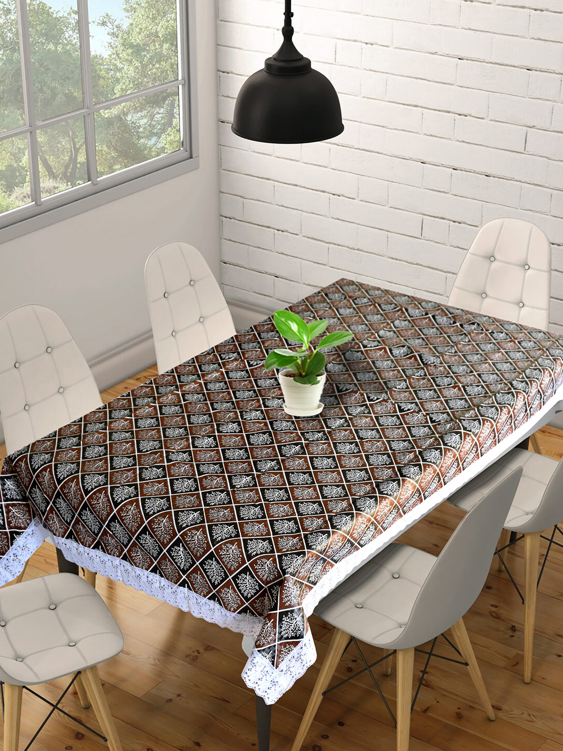 Kuber Industries Leaf Printed PVC 6 Seater Dinning Table Cover, Protector With White Lace Border, 60