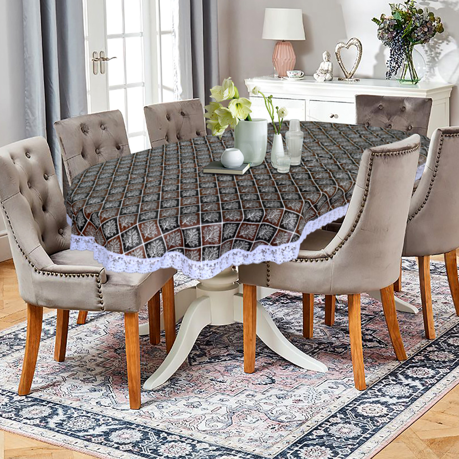 Kuber Industries Leaf Printed PVC 6 Seater Oval Shape Table Cover Protector With White Lace Border 60x90 Brown  Black