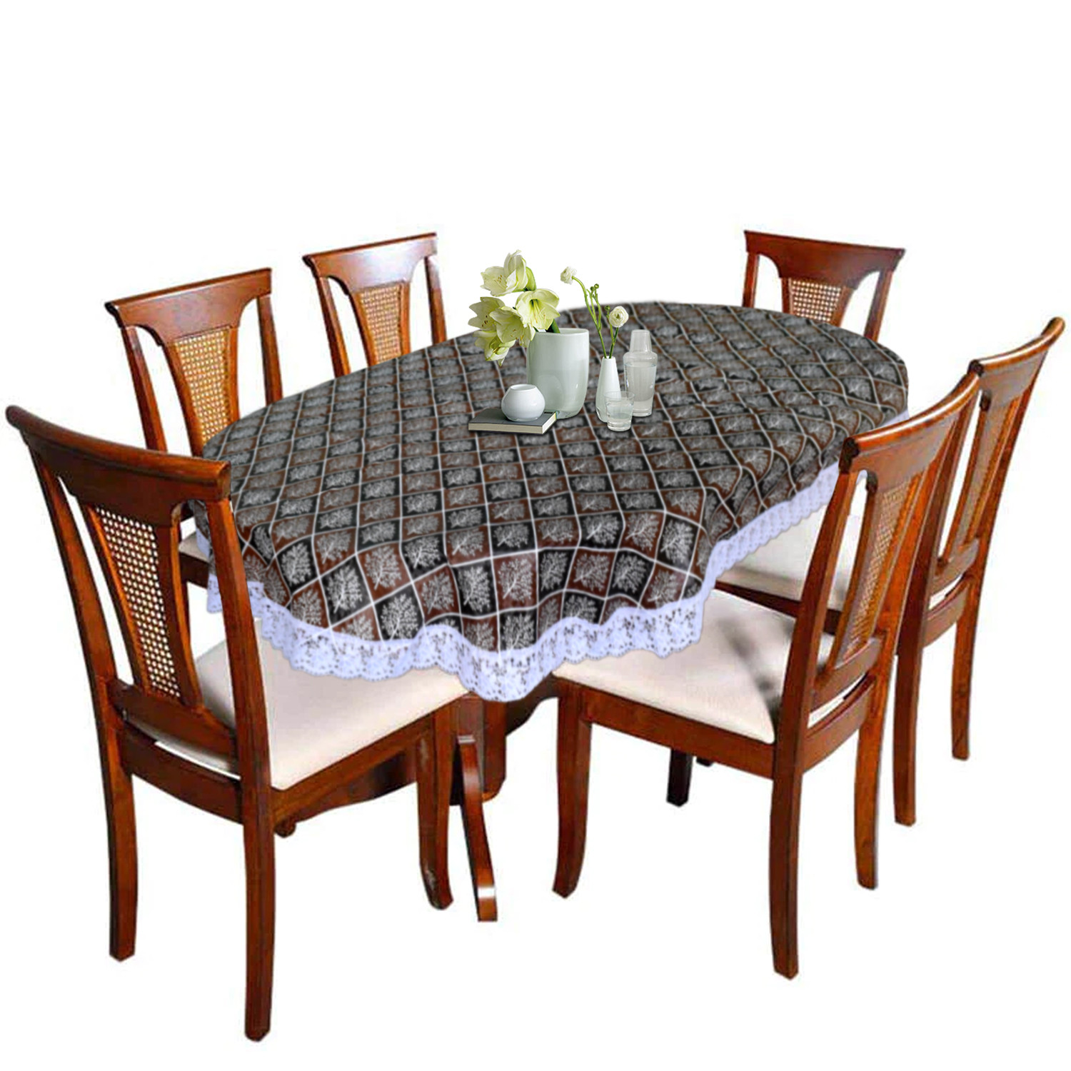 Kuber Industries Leaf Printed PVC 6 Seater Oval Shape Table Cover Protector With White Lace Border 60x90 Brown  Black