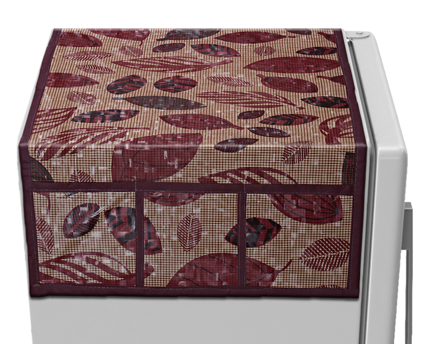 Kuber Industries Leaf Printed PVC Fridge Top Cover, Protect For Scratches, Wear & Tear And Dust With 6 Utility Side Pockets (Maroon)