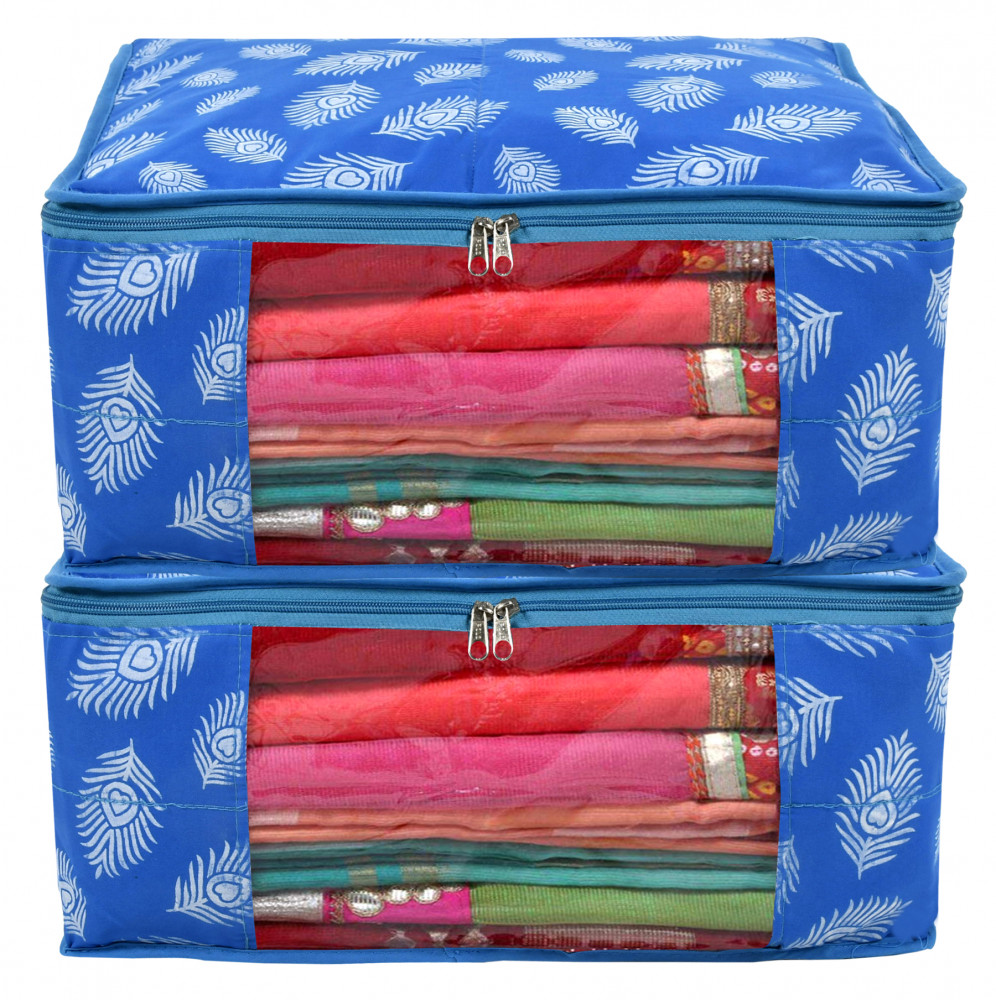 Kuber Industries Leaf Printed Saree Cover/Clothes Organiser For Wardrobe With Transparent Window,(Blue)