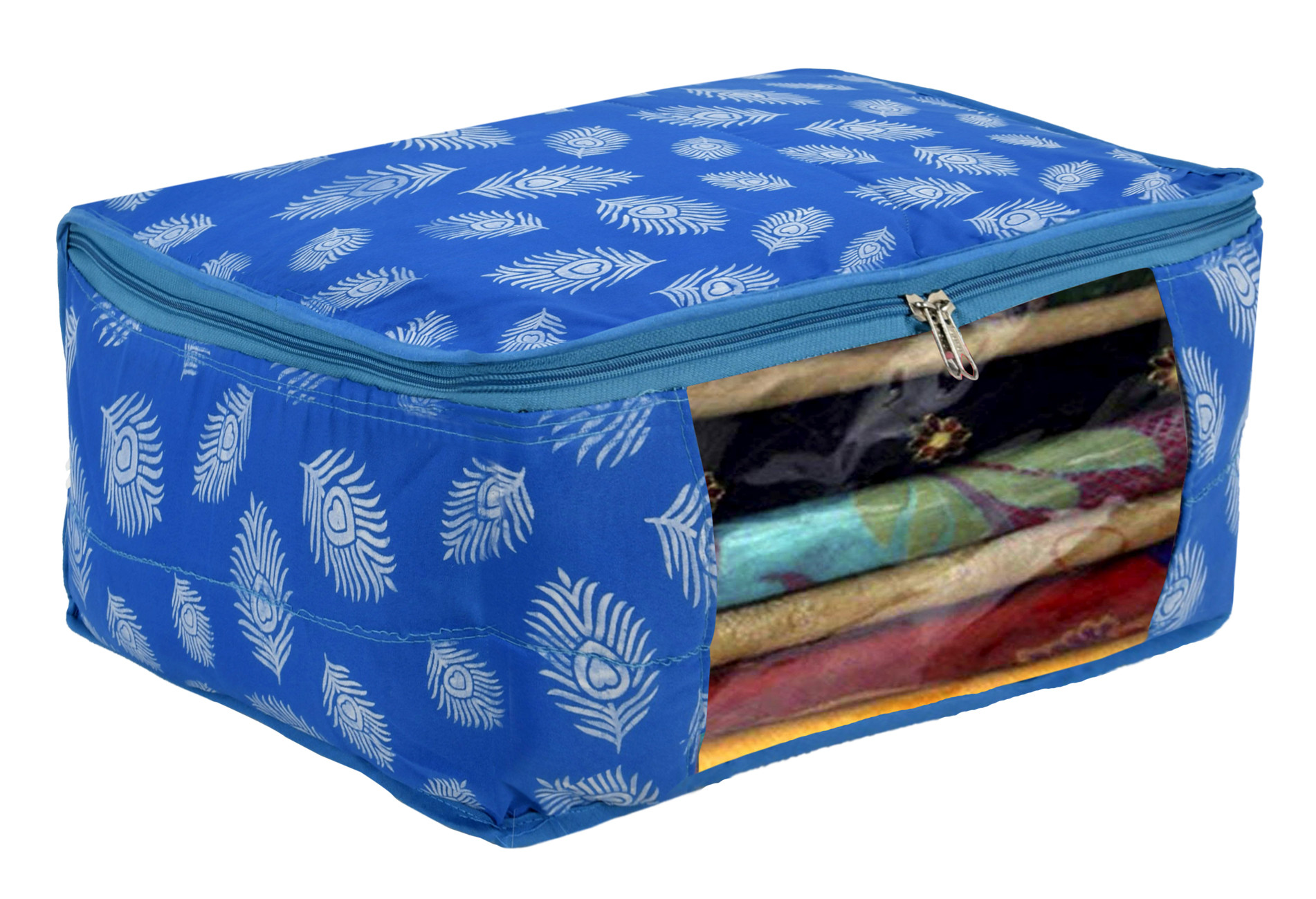 Kuber Industries Leaf Printed Saree Cover/Clothes Organiser For Wardrobe With Transparent Window,(Blue)