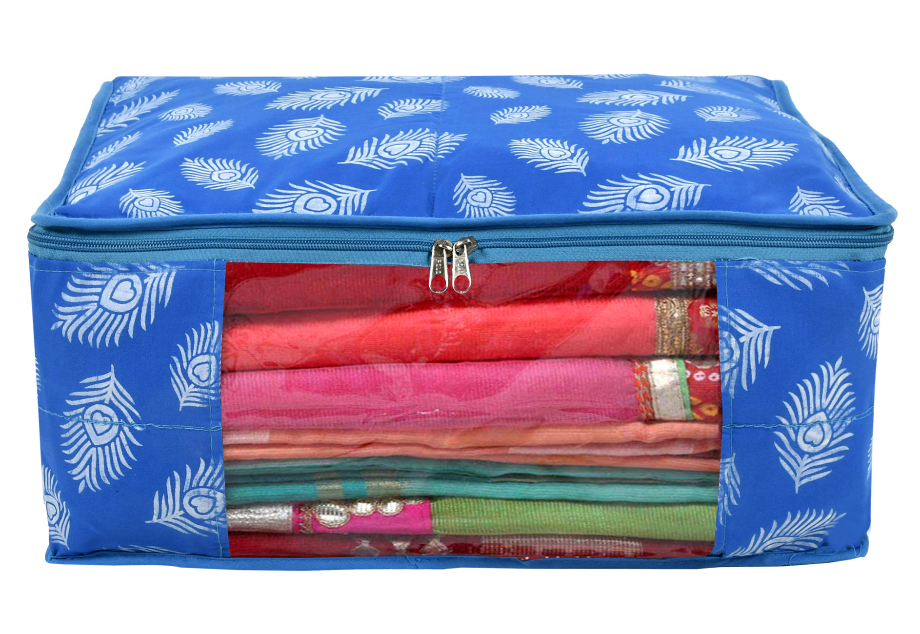 Kuber Industries Leaf Printed Saree Cover/Clothes Organiser For Wardrobe With Transparent Window,(Blue)