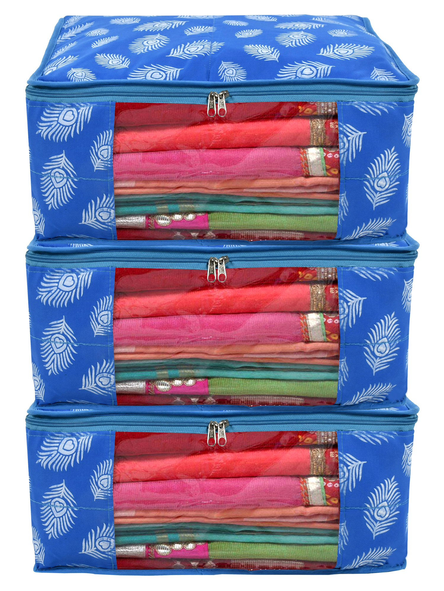 Kuber Industries Leaf Printed Saree Cover/Clothes Organiser For Wardrobe With Transparent Window,(Blue)