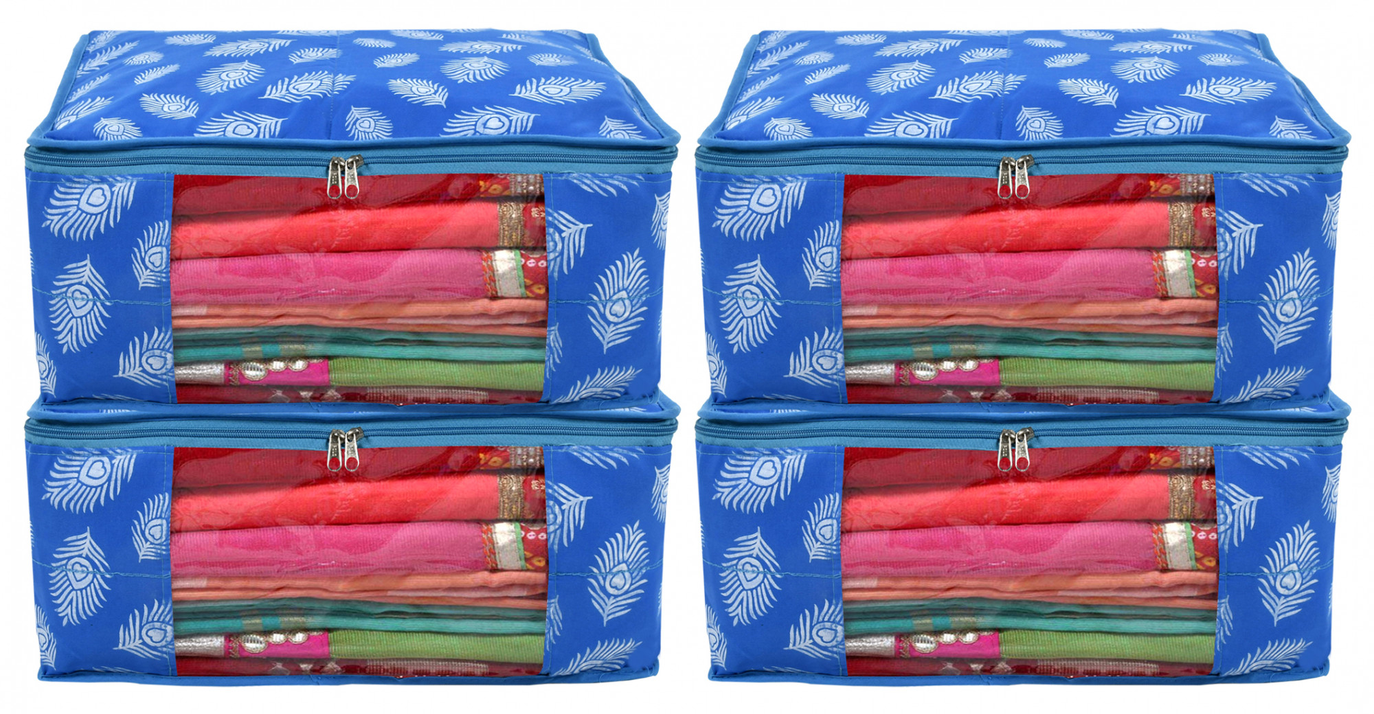 Kuber Industries Leaf Printed Saree Cover/Clothes Organiser For Wardrobe With Transparent Window,(Blue)