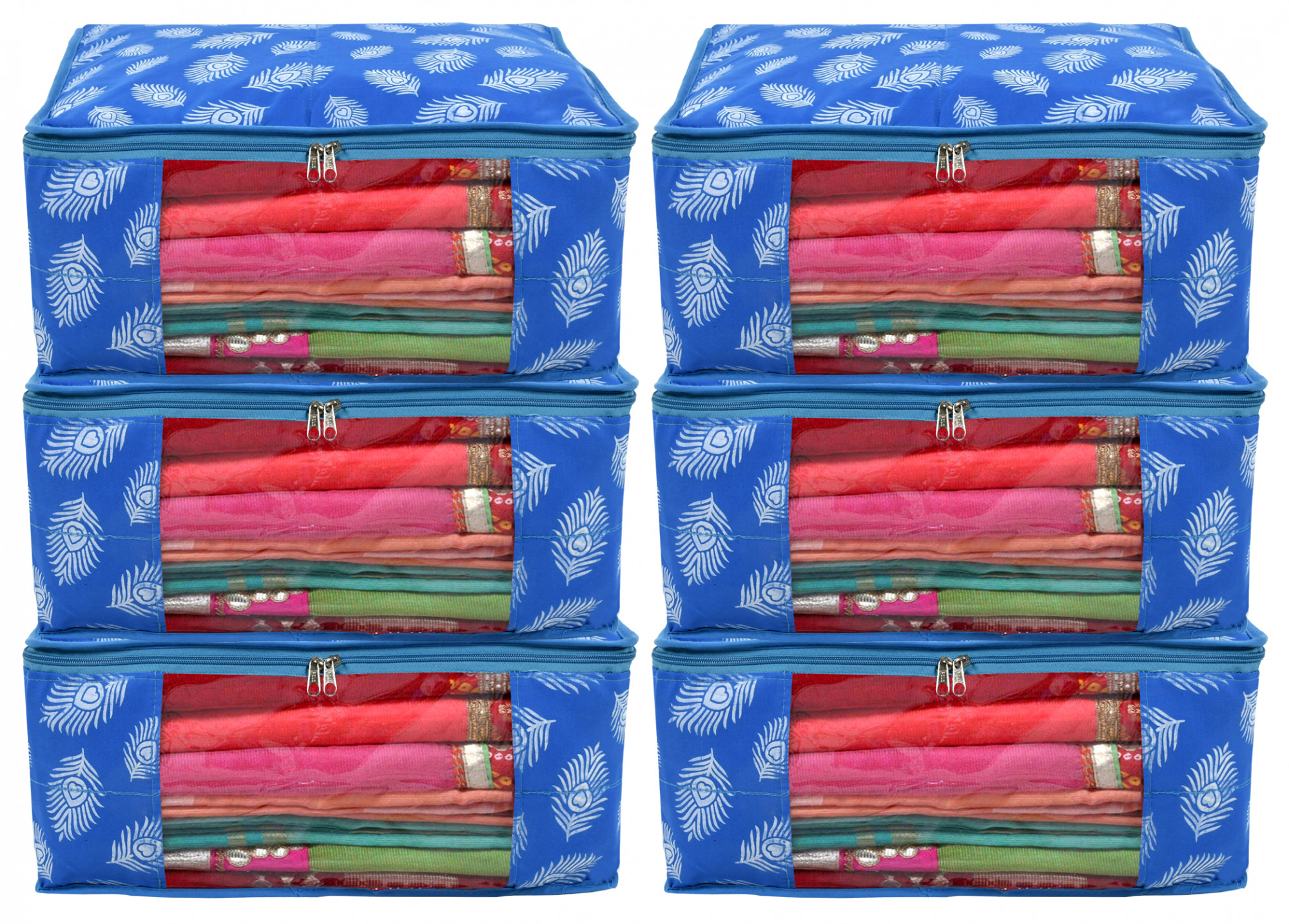 Kuber Industries Leaf Printed Saree Cover/Clothes Organiser For Wardrobe With Transparent Window,(Blue)