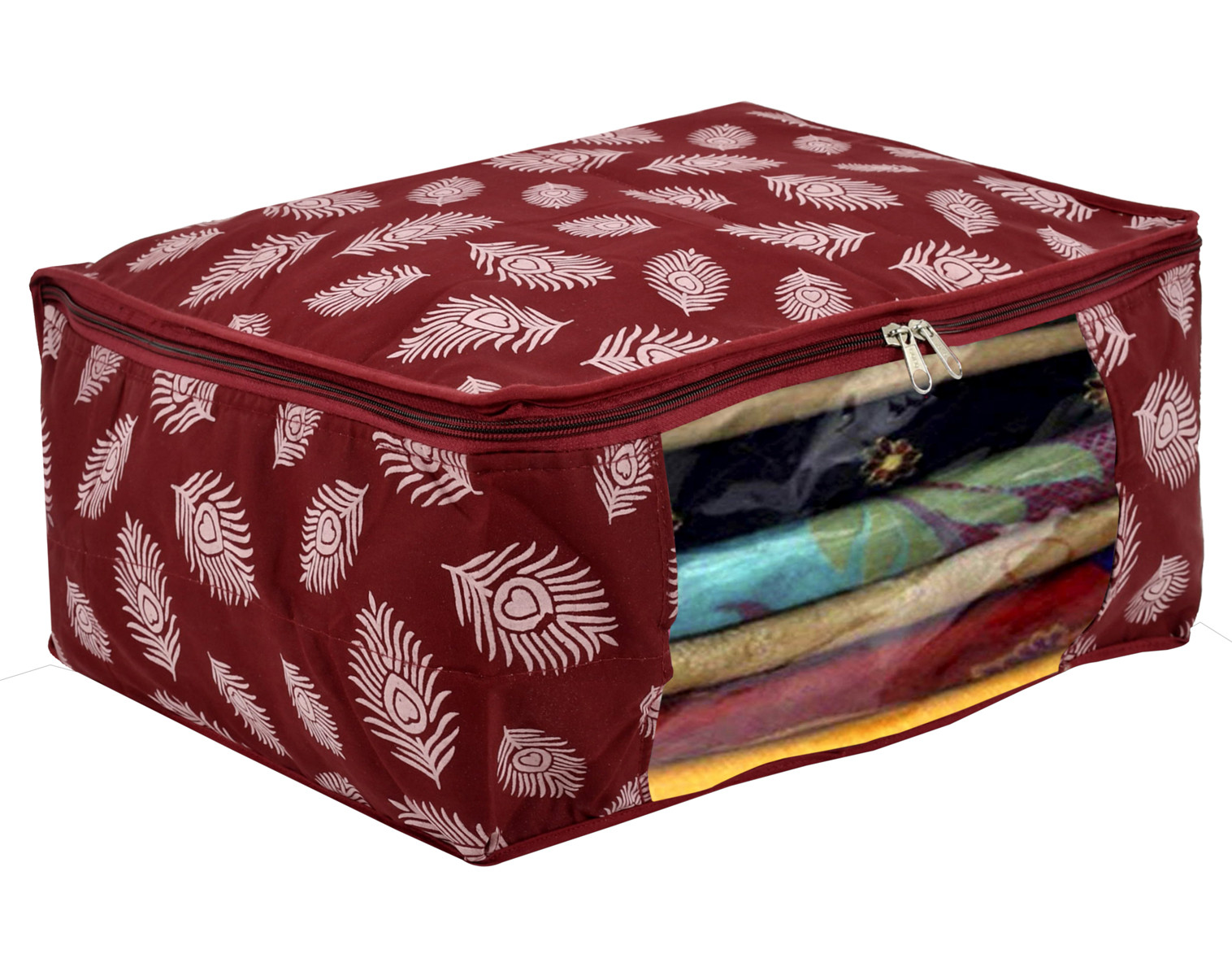 Kuber Industries Leaf Printed Saree Cover/Clothes Organiser For Wardrobe With Transparent Window,(Maroon)