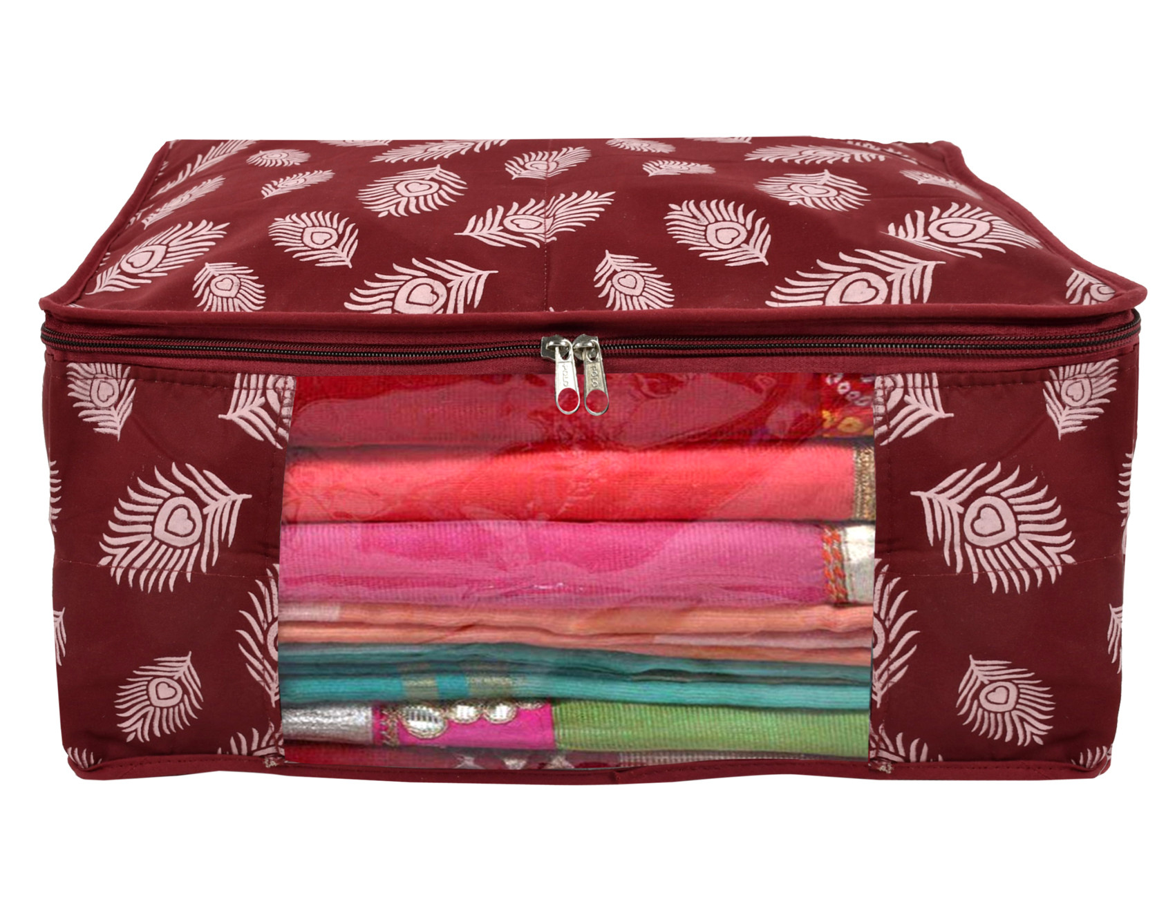 Kuber Industries Leaf Printed Saree Cover/Clothes Organiser For Wardrobe With Transparent Window,(Maroon)