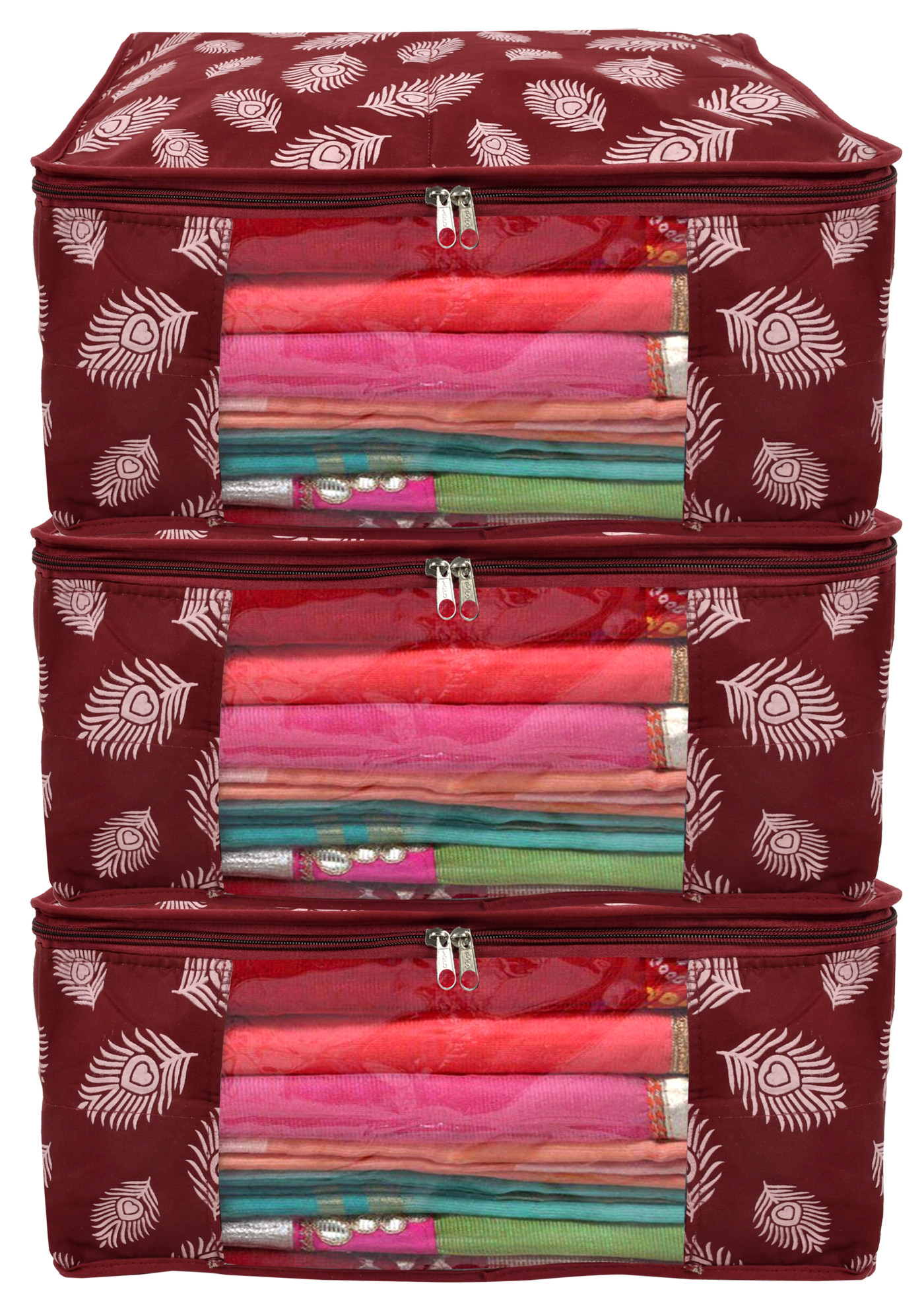 Kuber Industries Leaf Printed Saree Cover/Clothes Organiser For Wardrobe With Transparent Window,(Maroon)