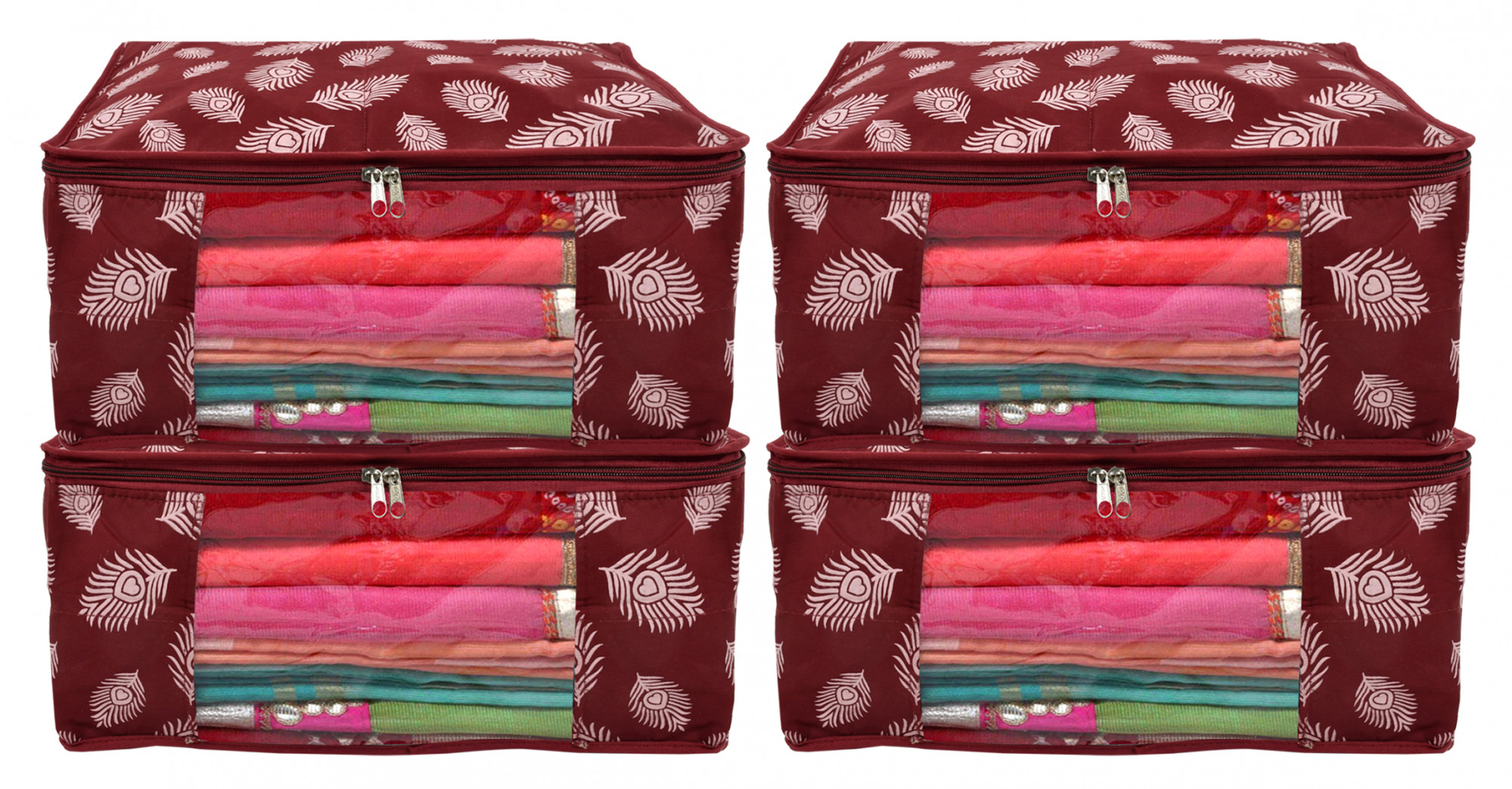 Kuber Industries Leaf Printed Saree Cover/Clothes Organiser For Wardrobe With Transparent Window,(Maroon)