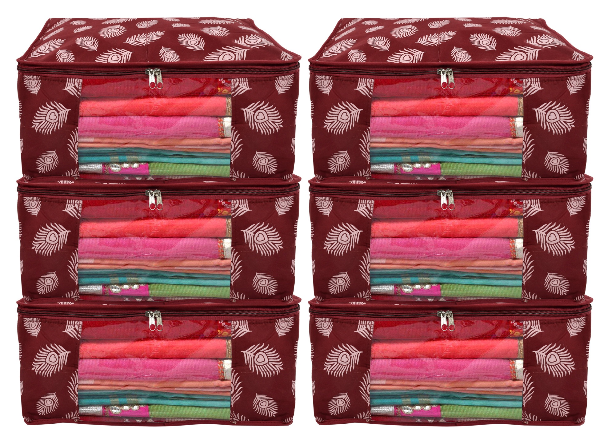 Kuber Industries Leaf Printed Saree Cover/Clothes Organiser For Wardrobe With Transparent Window,(Maroon)
