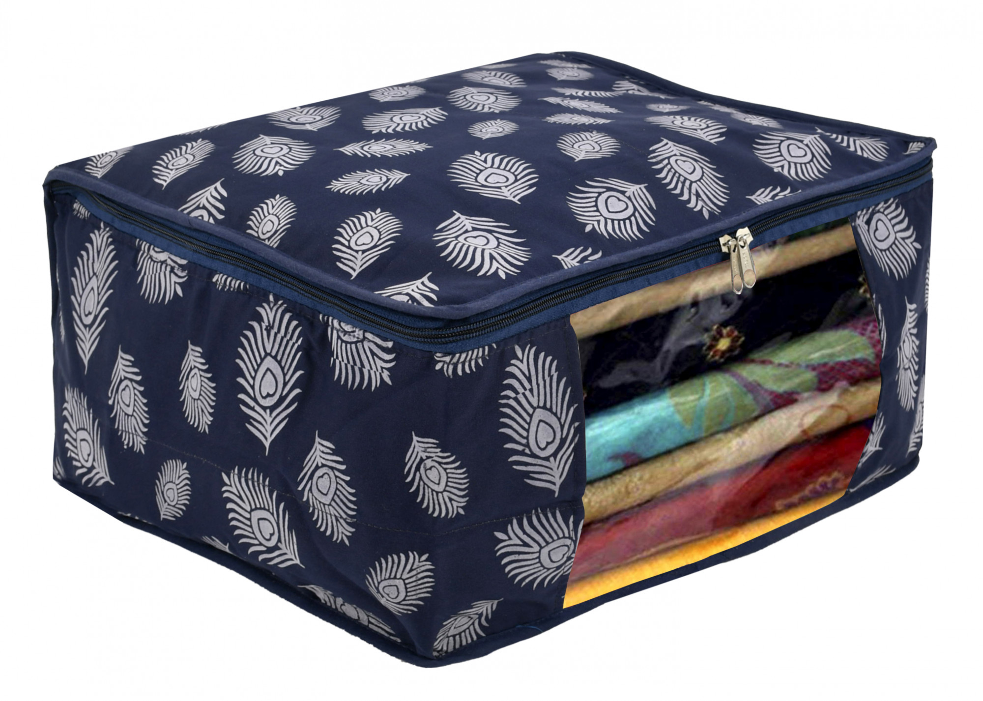Kuber Industries Leaf Printed Saree Cover/Clothes Organiser For Wardrobe With Transparent Window,(Navy Blue)