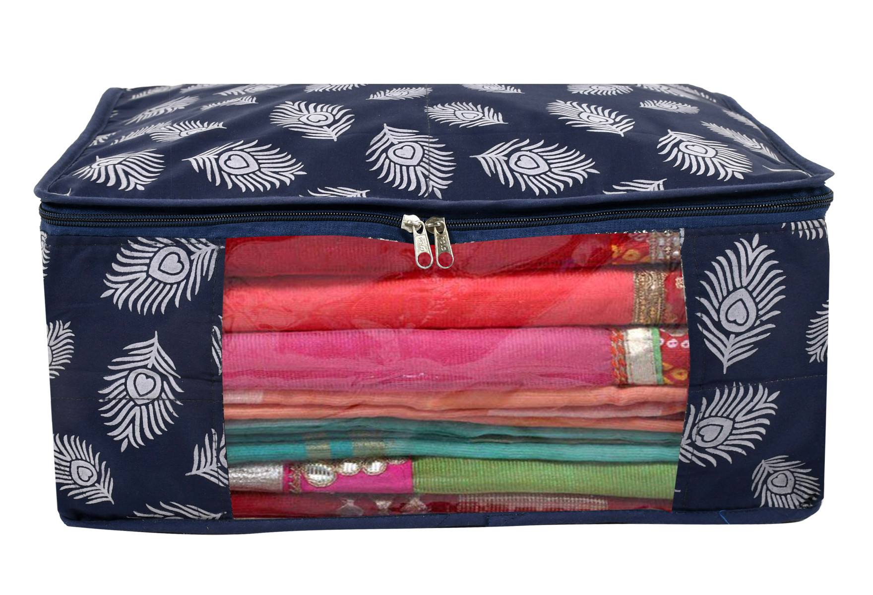 Kuber Industries Leaf Printed Saree Cover/Clothes Organiser For Wardrobe With Transparent Window,(Navy Blue)