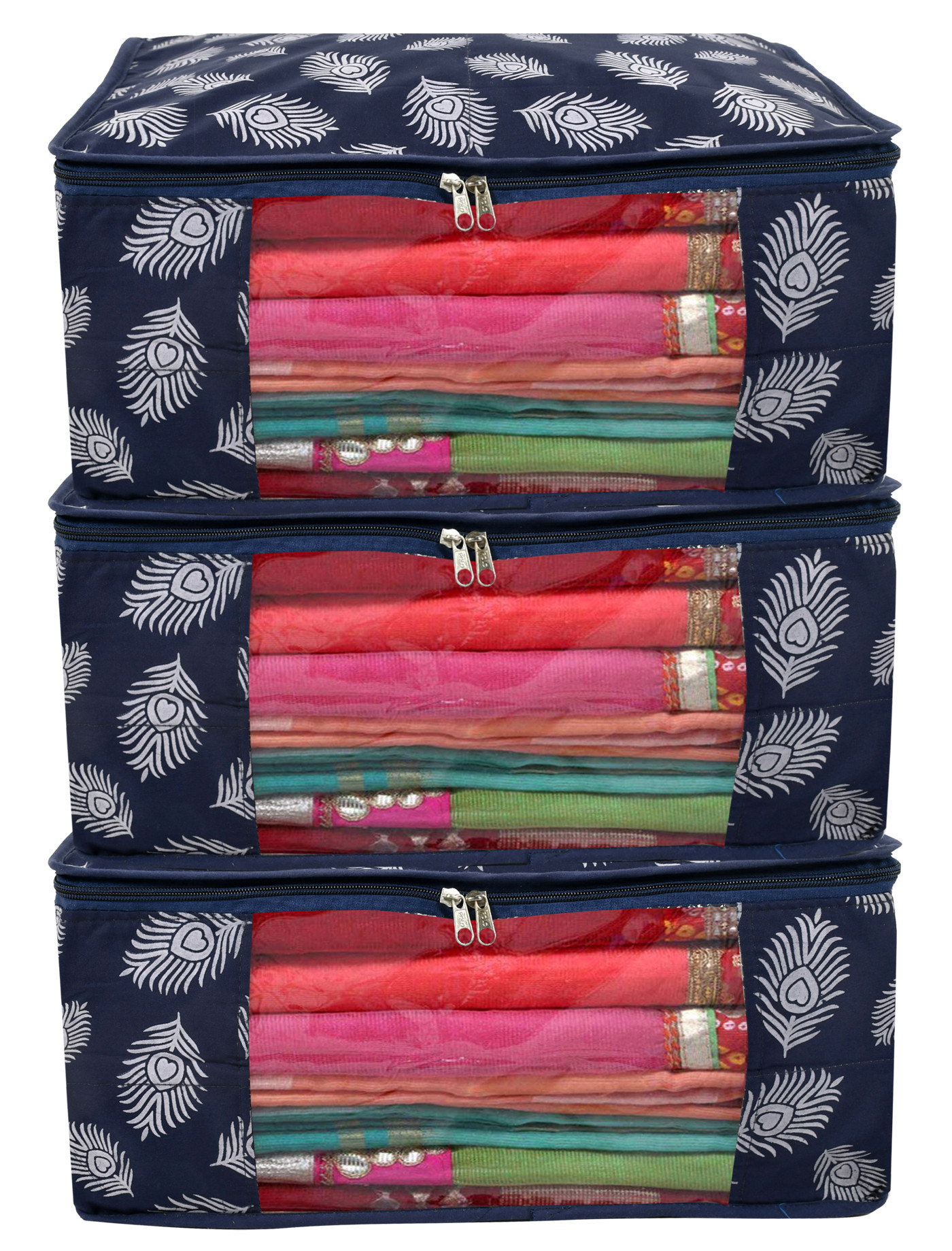 Kuber Industries Leaf Printed Saree Cover/Clothes Organiser For Wardrobe With Transparent Window,(Navy Blue)