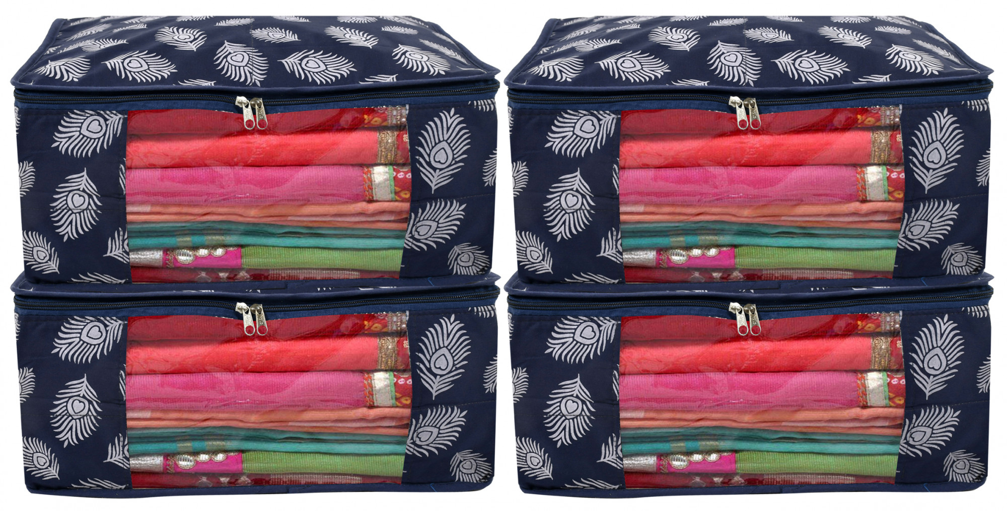 Kuber Industries Leaf Printed Saree Cover/Clothes Organiser For Wardrobe With Transparent Window,(Navy Blue)