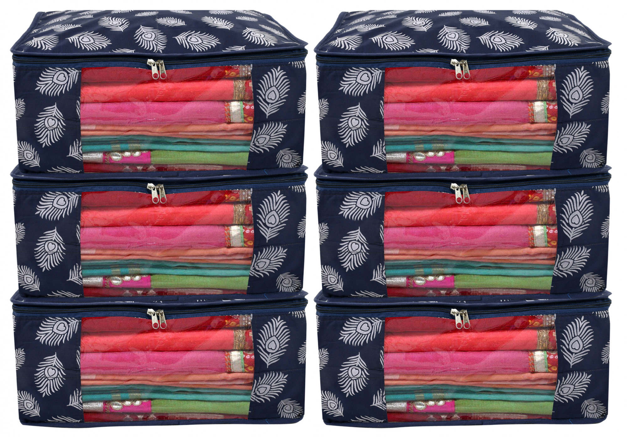 Kuber Industries Leaf Printed Saree Cover/Clothes Organiser For Wardrobe With Transparent Window,(Navy Blue)