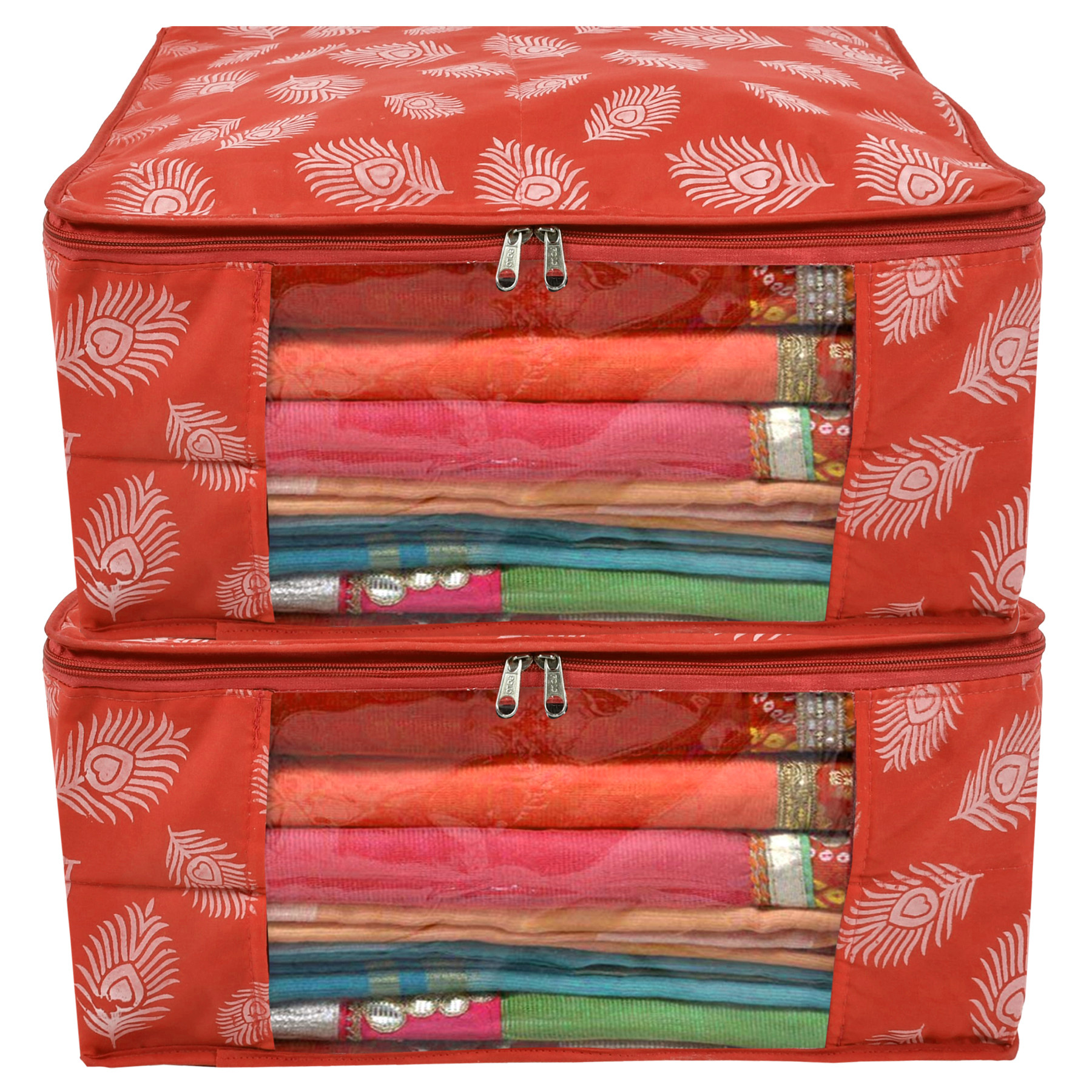 Kuber Industries Leaf Printed Saree Cover/Clothes Organiser For Wardrobe With Transparent Window,(Orange)