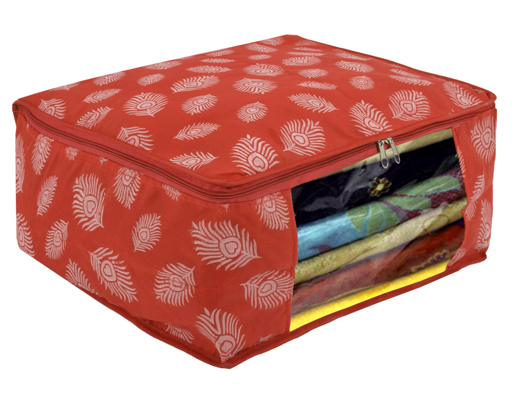 Kuber Industries Leaf Printed Saree Cover/Clothes Organiser For Wardrobe With Transparent Window,(Orange)