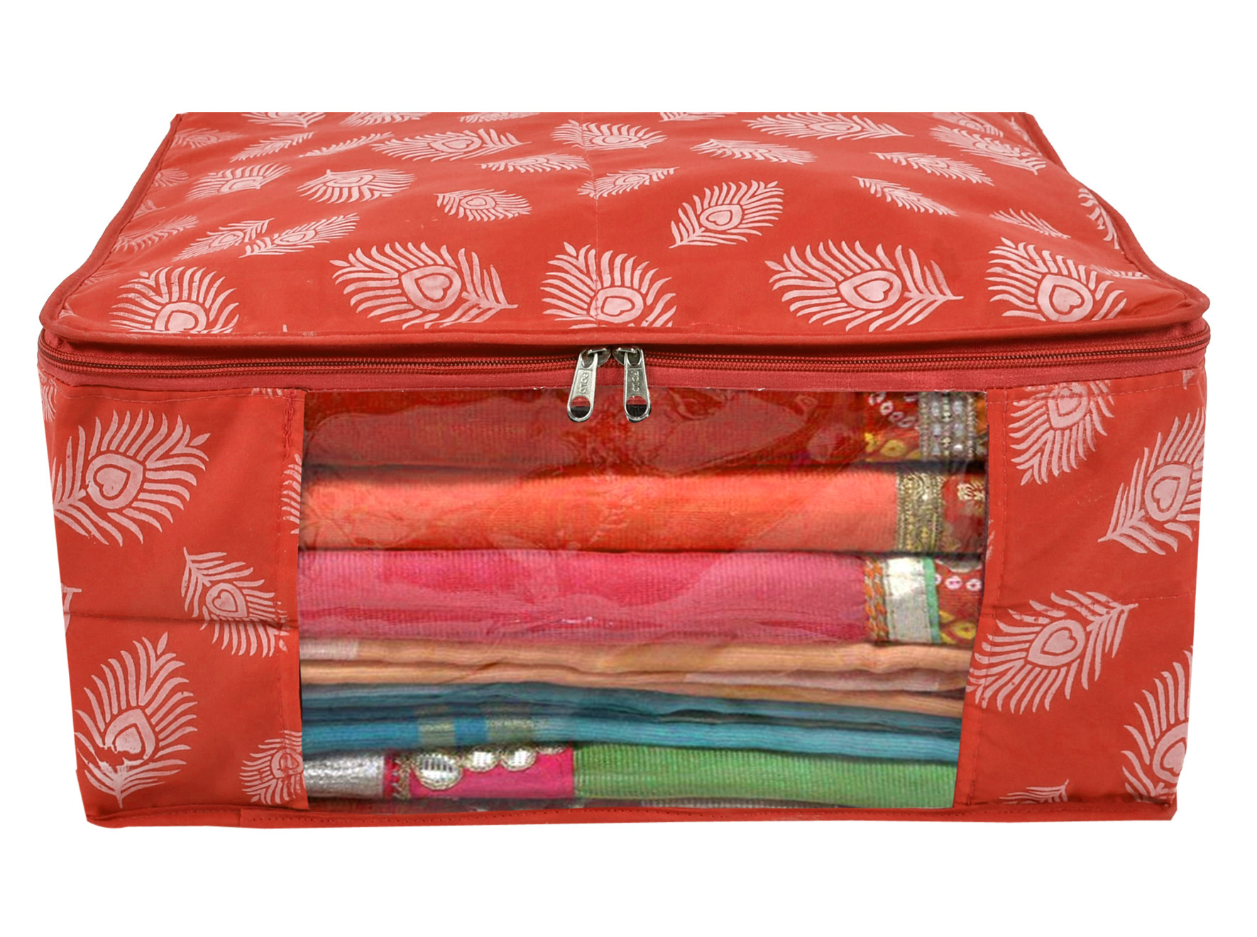 Kuber Industries Leaf Printed Saree Cover/Clothes Organiser For Wardrobe With Transparent Window,(Orange)