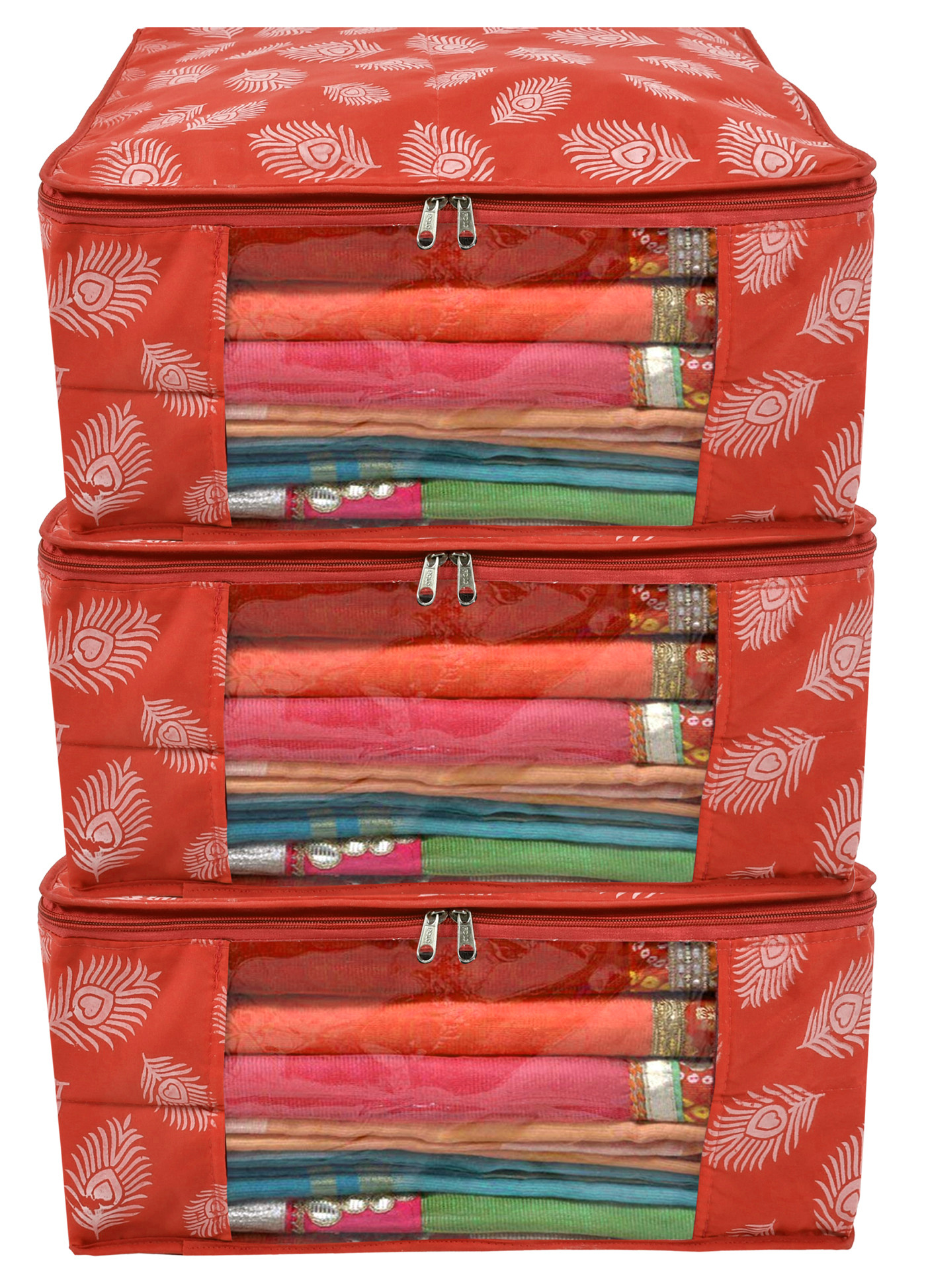 Kuber Industries Leaf Printed Saree Cover/Clothes Organiser For Wardrobe With Transparent Window,(Orange)