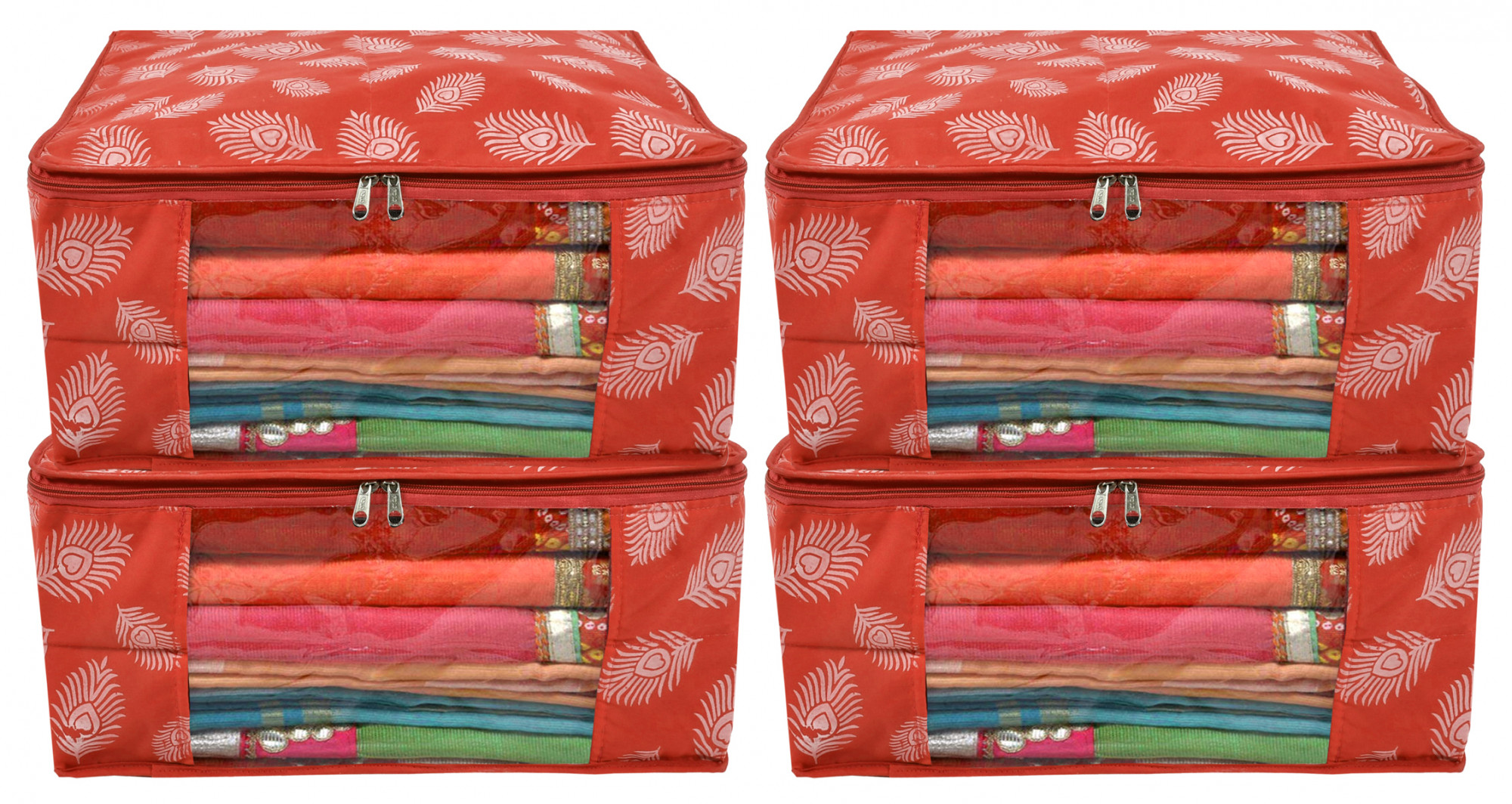 Kuber Industries Leaf Printed Saree Cover/Clothes Organiser For Wardrobe With Transparent Window,(Orange)