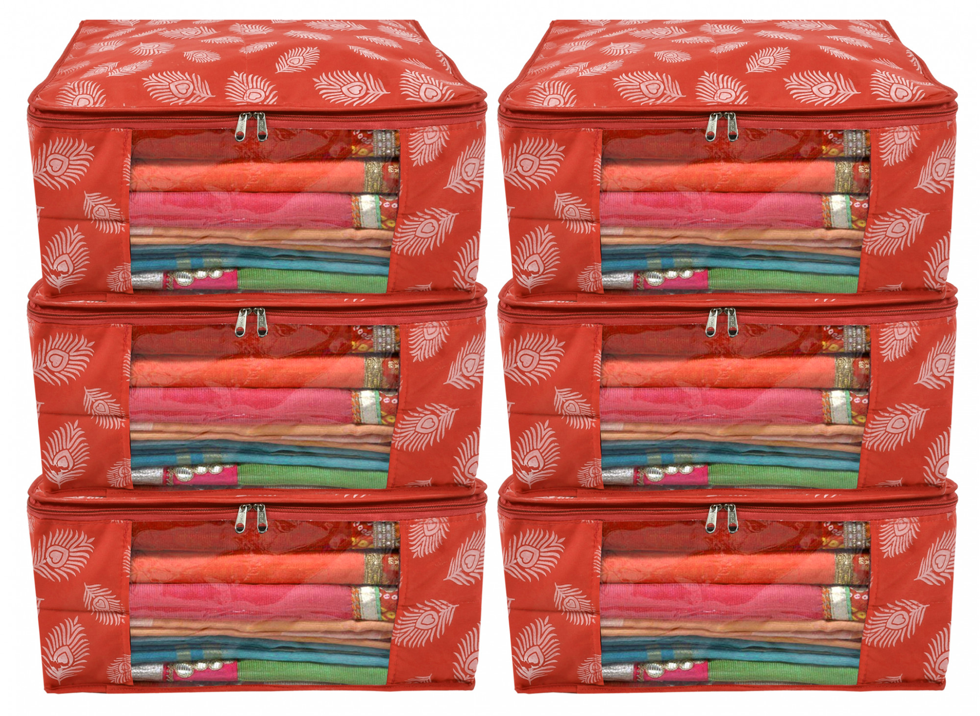 Kuber Industries Leaf Printed Saree Cover/Clothes Organiser For Wardrobe With Transparent Window,(Orange)