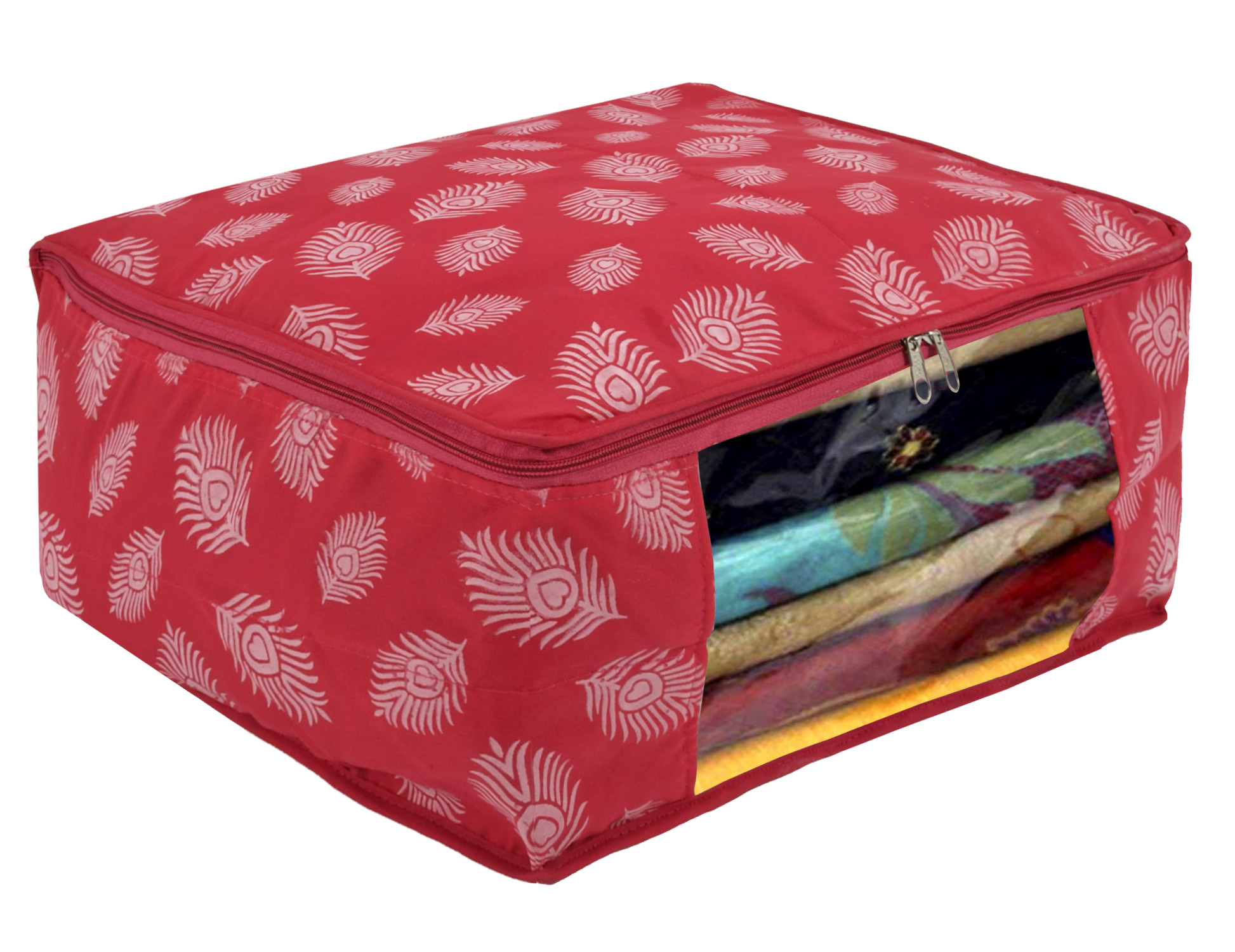 Kuber Industries Leaf Printed Saree Cover/Clothes Organiser For Wardrobe With Transparent Window,(Pink)