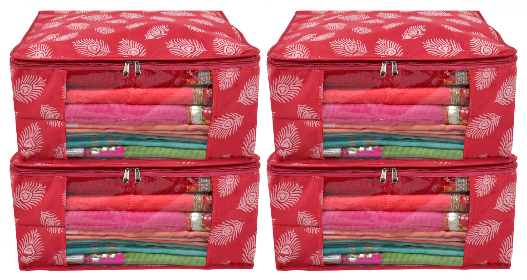 Kuber Industries Leaf Printed Saree Cover/Clothes Organiser For Wardrobe With Transparent Window,(Pink)