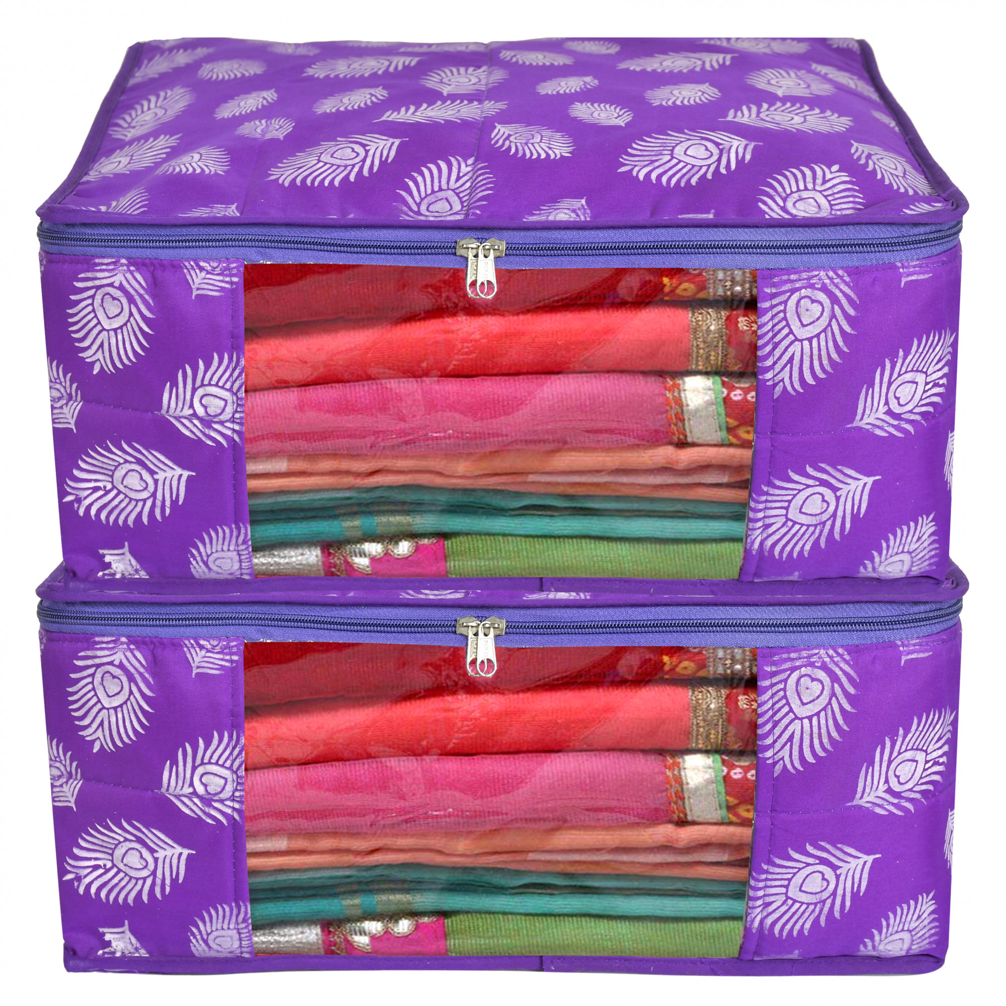 Kuber Industries Leaf Printed Saree Cover/Clothes Organiser For Wardrobe With Transparent Window,(Purple)