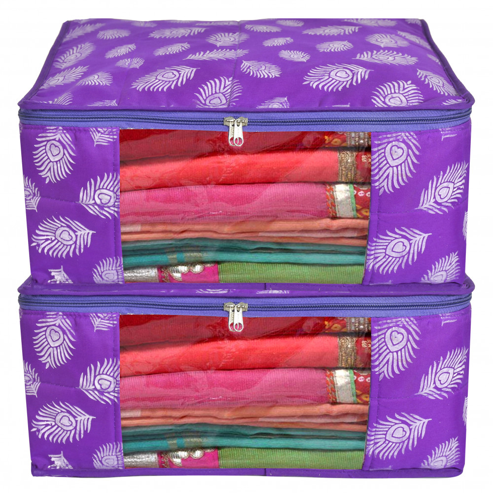 Kuber Industries Leaf Printed Saree Cover/Clothes Organiser For Wardrobe With Transparent Window,(Purple)