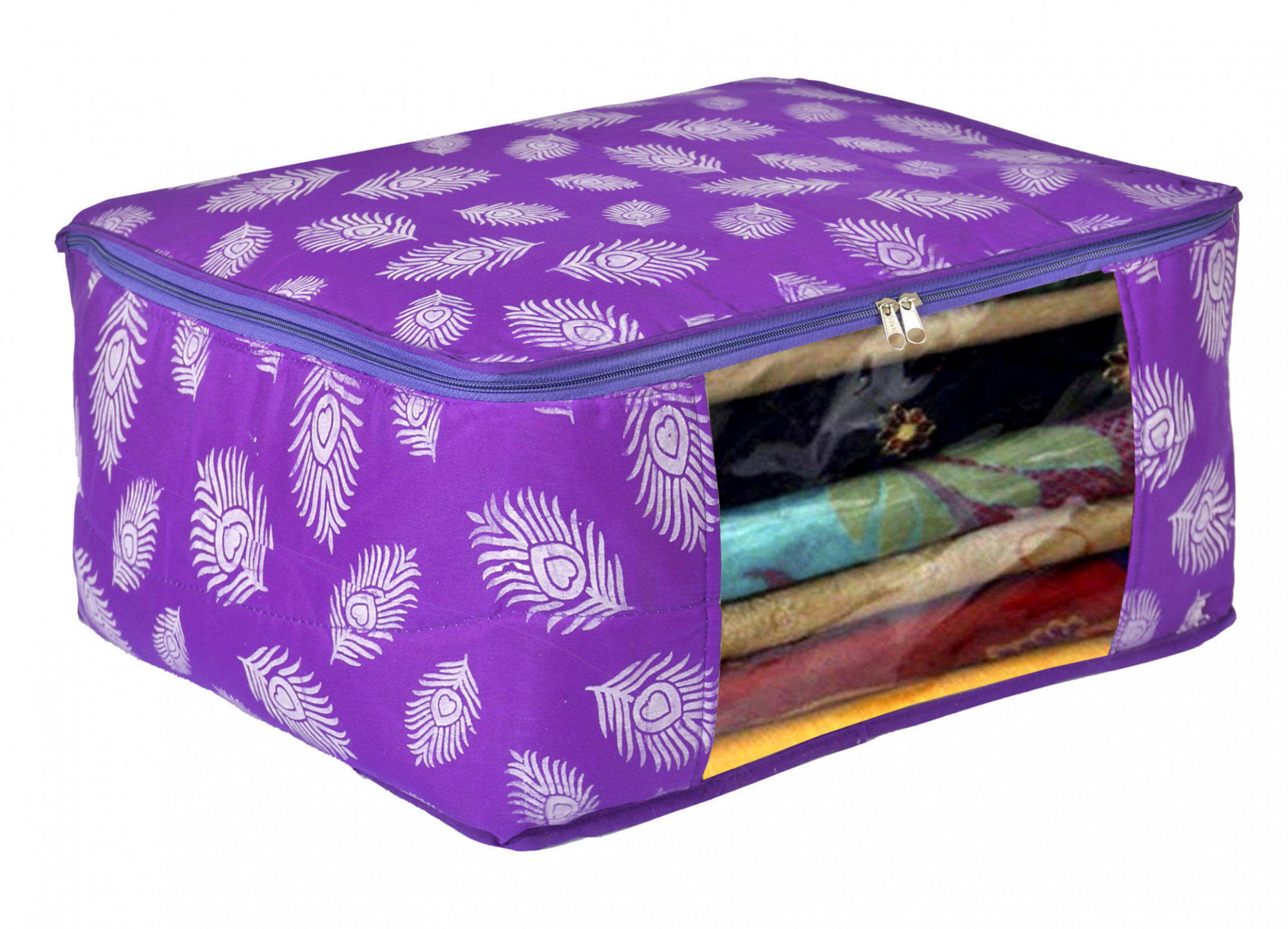 Kuber Industries Leaf Printed Saree Cover/Clothes Organiser For Wardrobe With Transparent Window,(Purple)