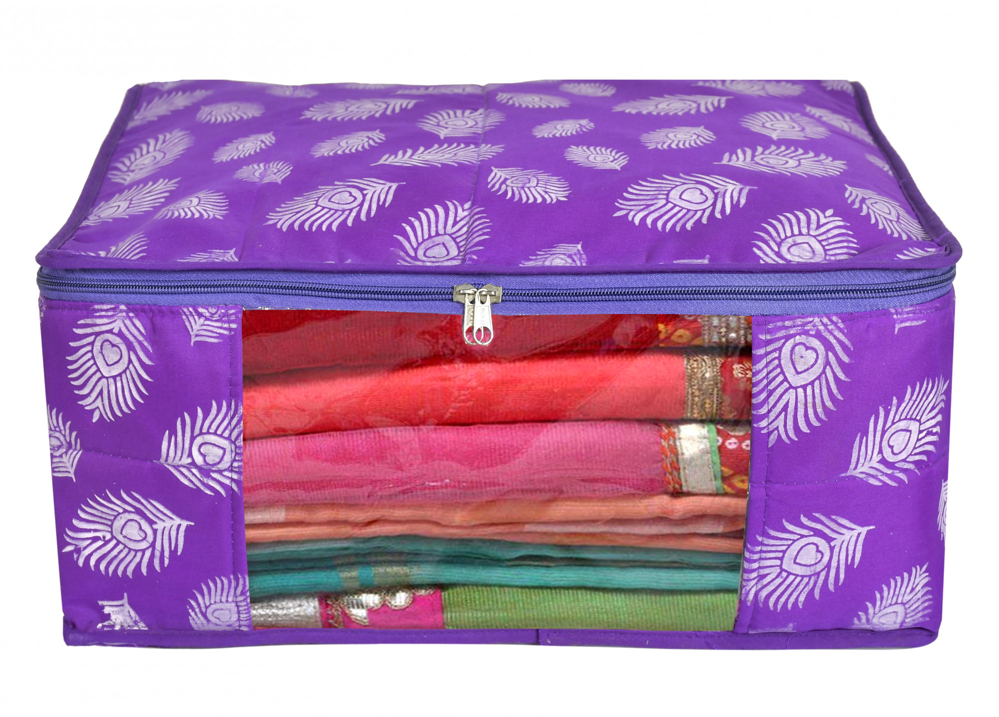 Kuber Industries Leaf Printed Saree Cover/Clothes Organiser For Wardrobe With Transparent Window,(Purple)