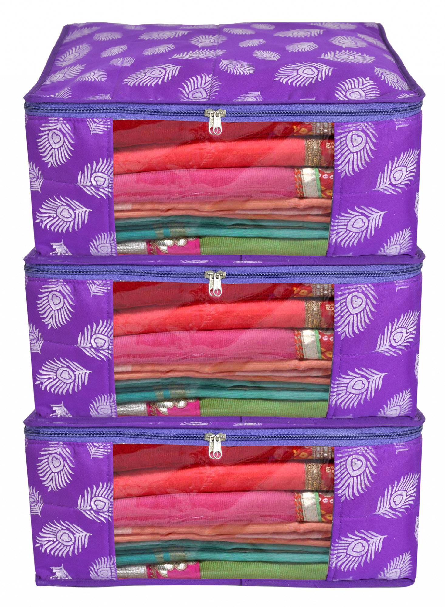 Kuber Industries Leaf Printed Saree Cover/Clothes Organiser For Wardrobe With Transparent Window,(Purple)