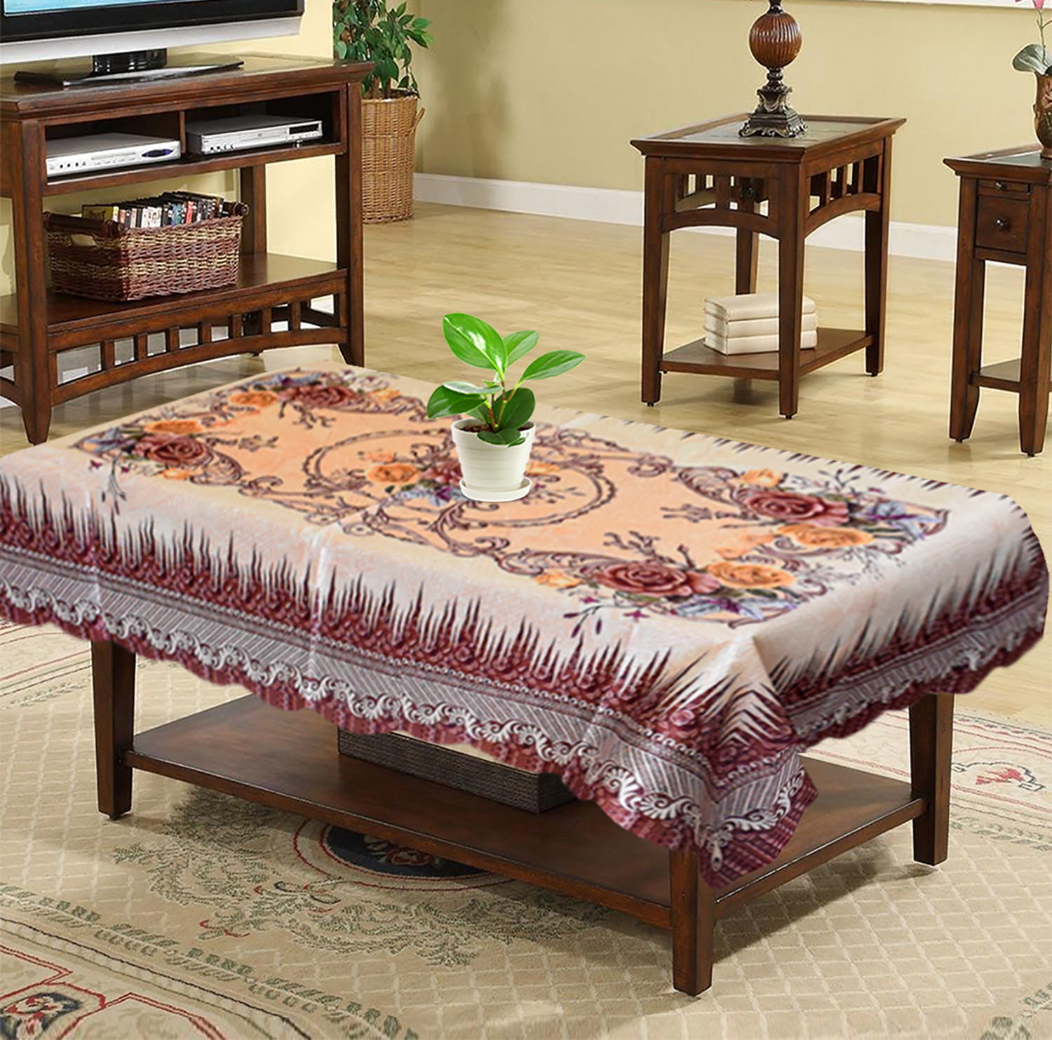 Kuber Industries Leaf Printed Soft Cotton 4 Seater Center Table Cover- 40