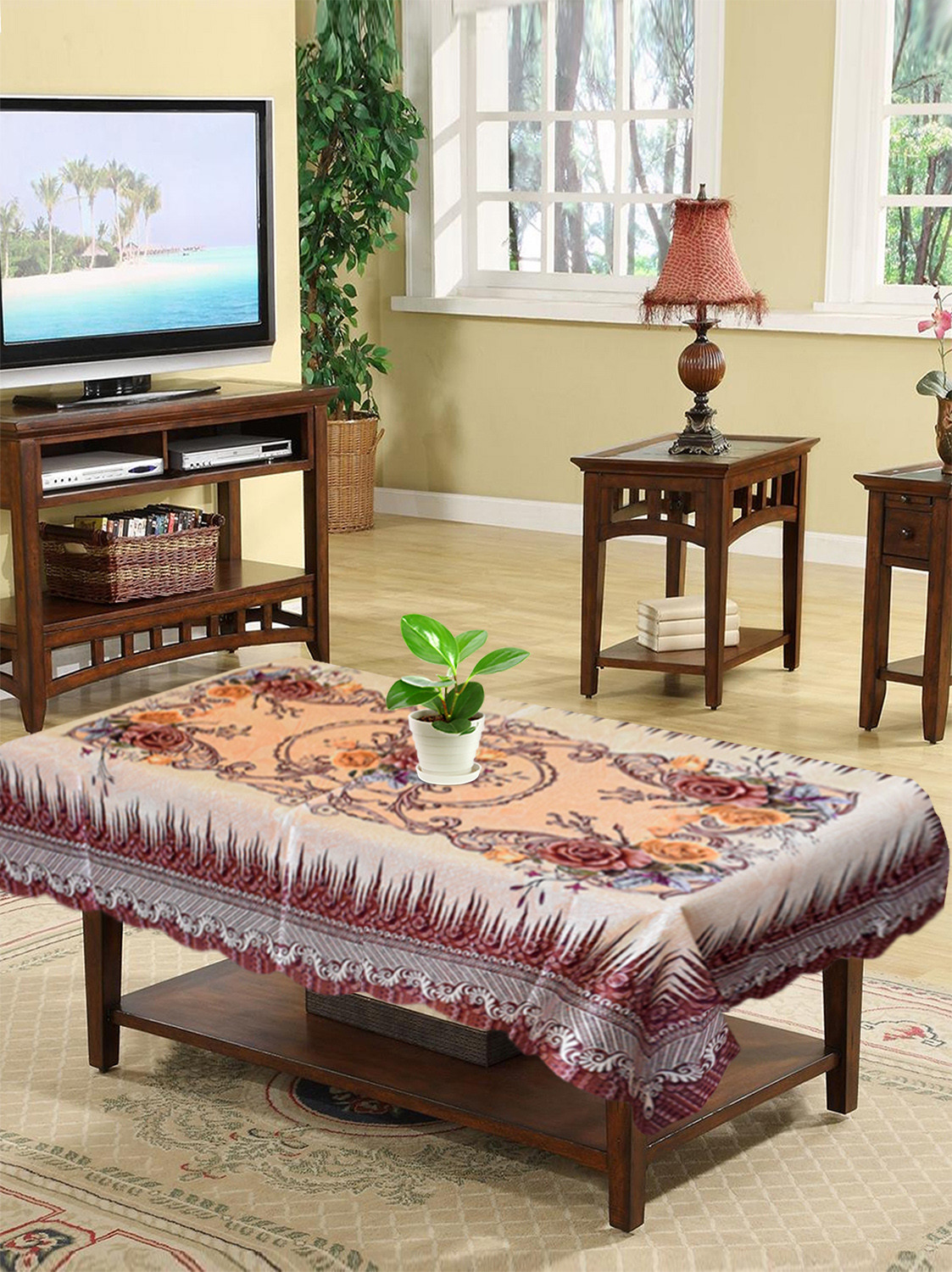 Kuber Industries Leaf Printed Soft Cotton 4 Seater Center Table Cover- 40
