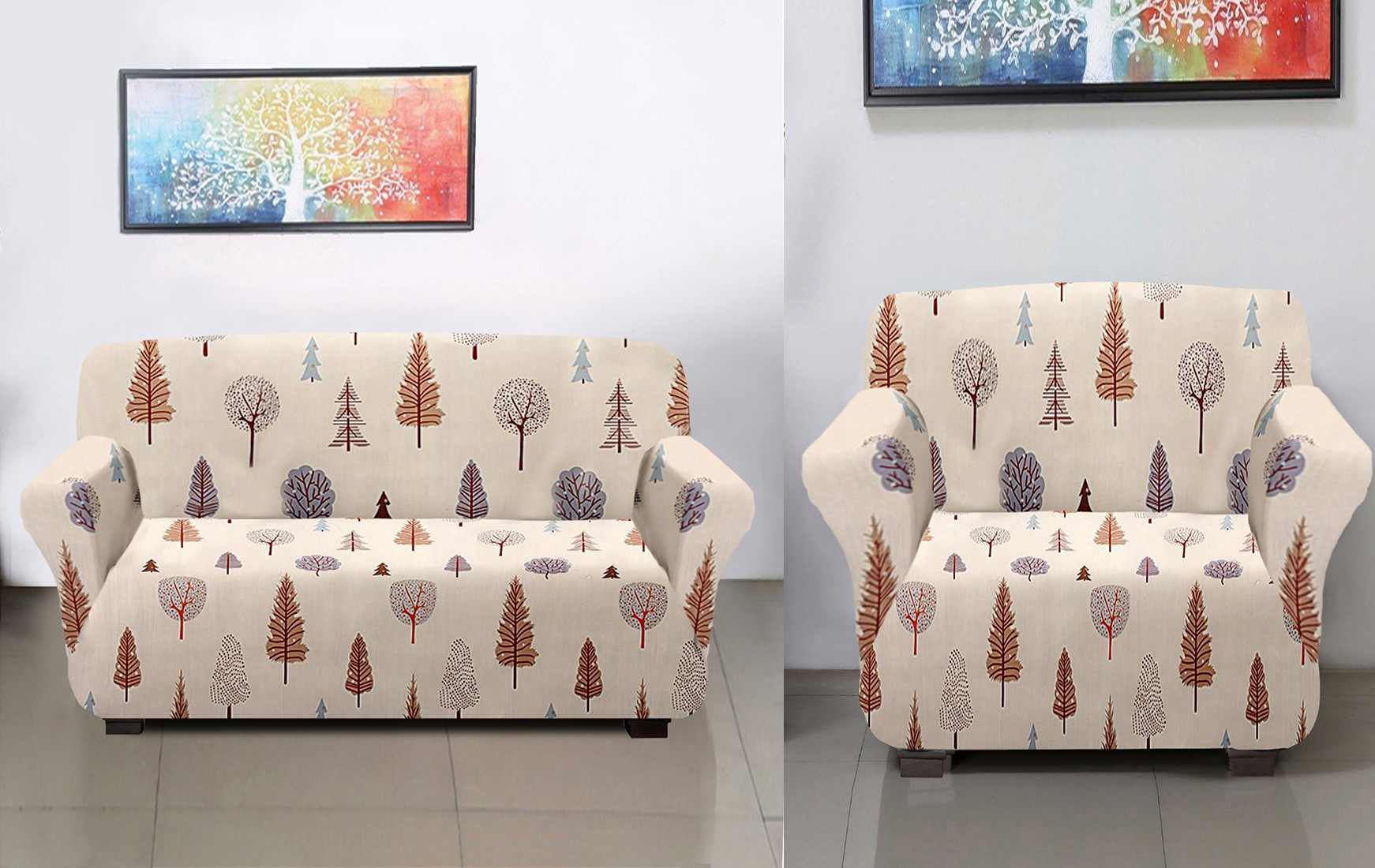 Kuber Industries Leaf Printed Stretchable, Non-Slip Polyster 1 & 3 Seater Sofa Cover/Slipcover/Protector Set With Foam Stick, Set of 2 (Cream)