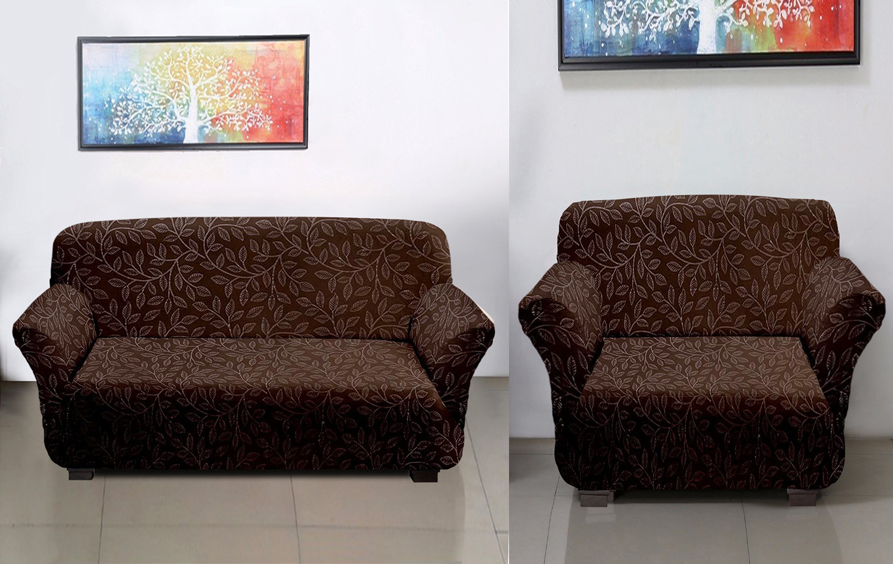 Kuber Industries Leaf Printed Stretchable, Non-Slip Polyster 1 & 3 Seater Sofa Cover/Slipcover/Protector Set With Foam Stick, Set of 2 (Brown)