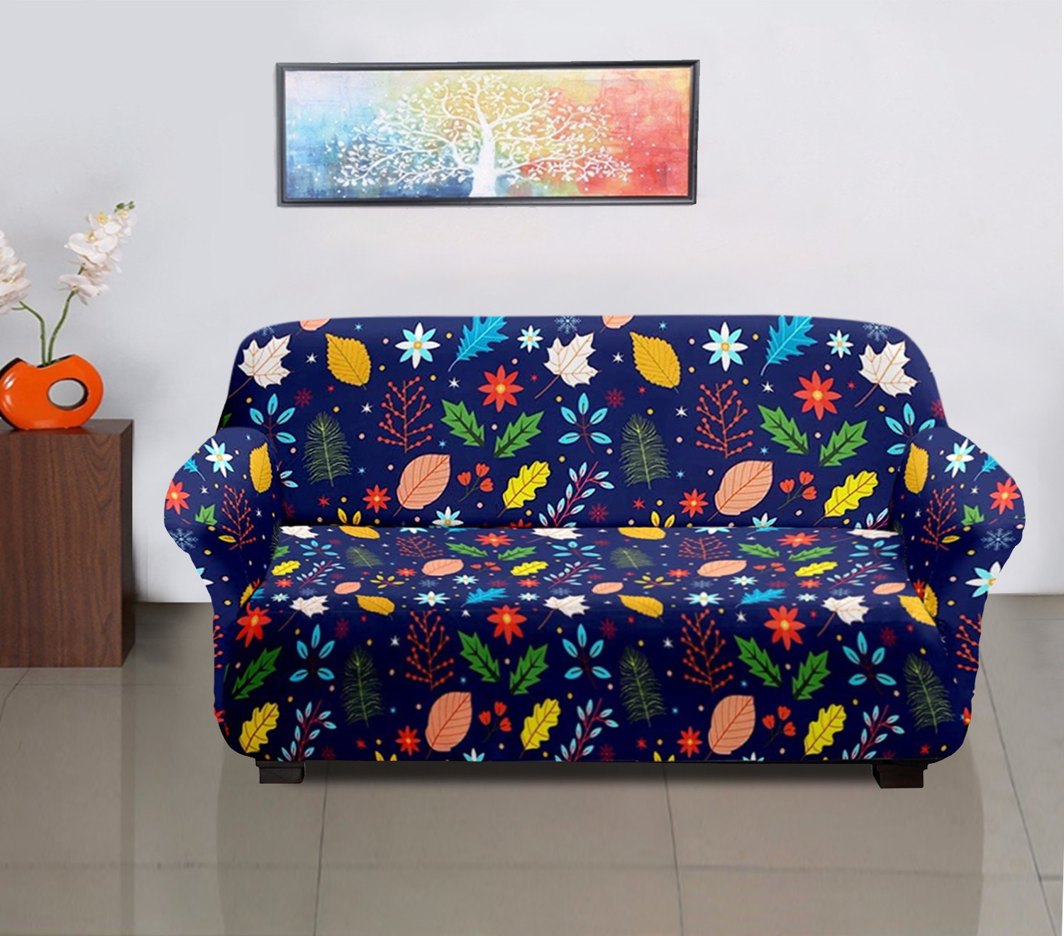 Kuber Industries leaf Printed Stretchable, Non-Slip Polyster 3 Seater Sofa Cover/Slipcover/Protector With Foam Stick (Blue)