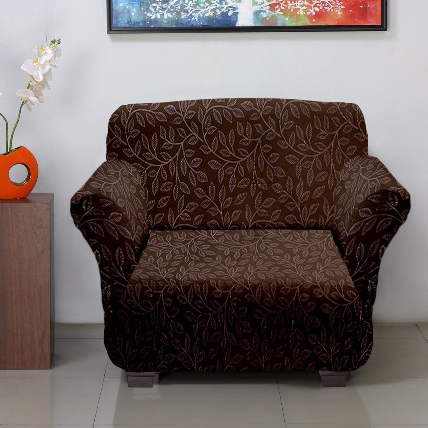 Kuber Industries Leaf Printed Stretchable, Non-Slip Polyster Single Seater Sofa Cover/Slipcover/Protector With Foam Stick (Brown)
