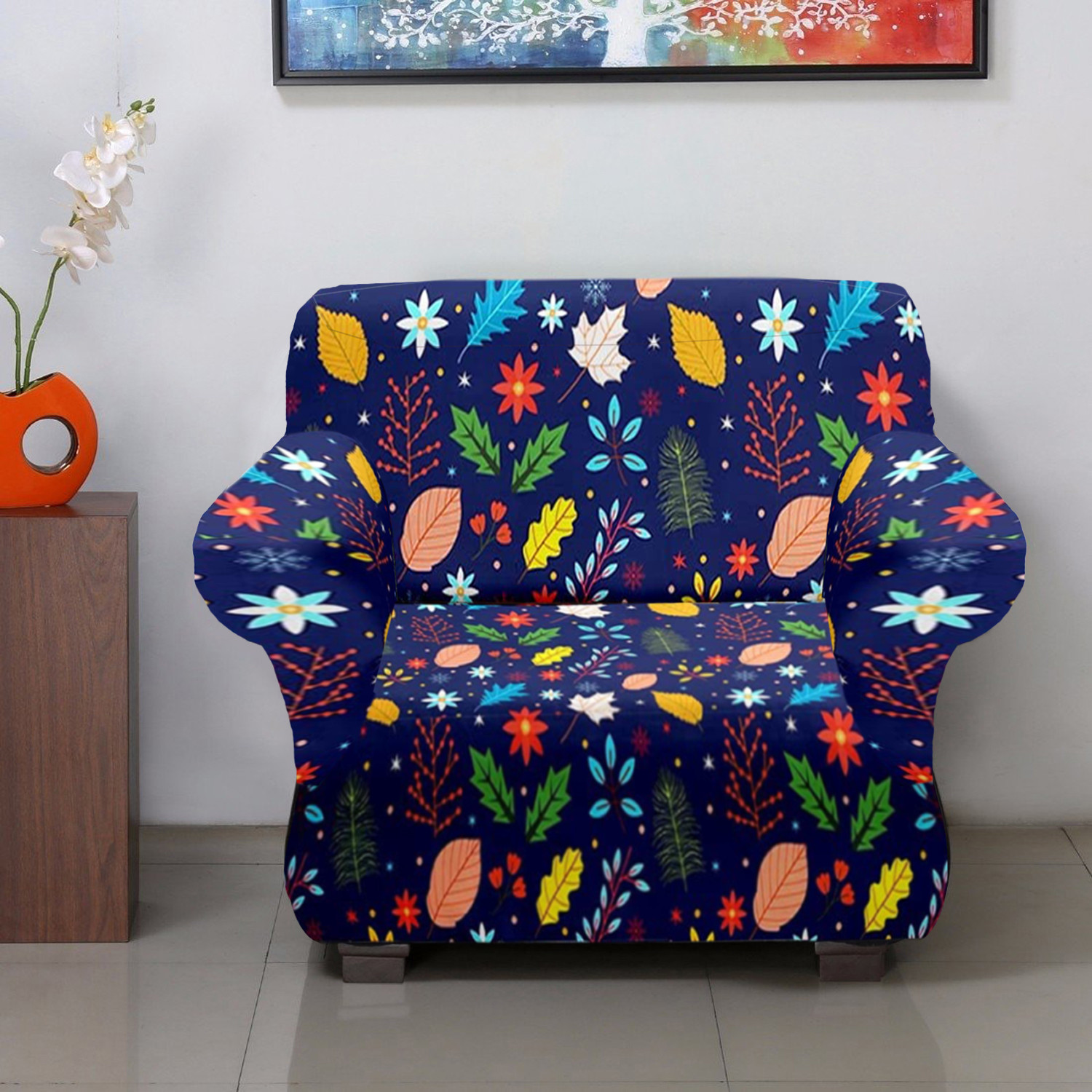 Kuber Industries leaf Printed Stretchable, Non-Slip Polyster Single Seater Sofa Cover/Slipcover/Protector With Foam Stick (Blue)