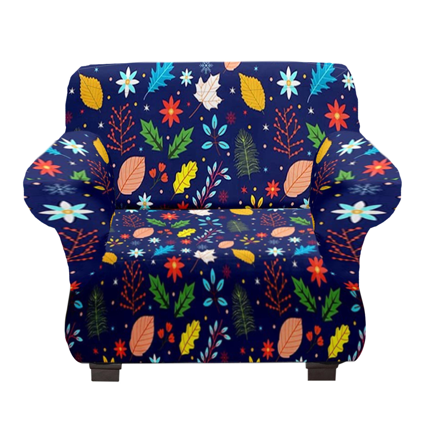 Kuber Industries leaf Printed Stretchable, Non-Slip Polyster Single Seater Sofa Cover/Slipcover/Protector With Foam Stick (Blue)