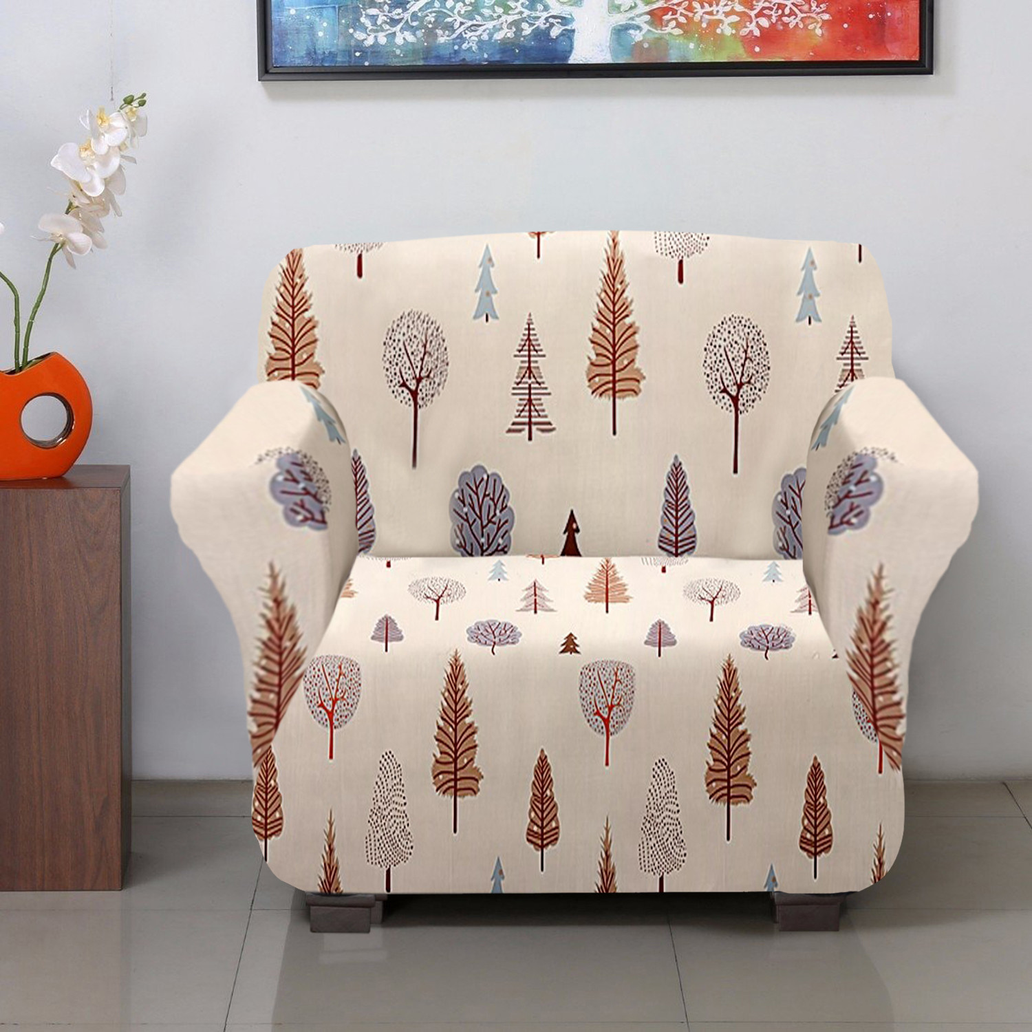 Kuber Industries Leaf Printed Stretchable, Non-Slip Polyster Single Seater  Sofa Cover/Slipcover/Protector With Foam Stick (Cream)