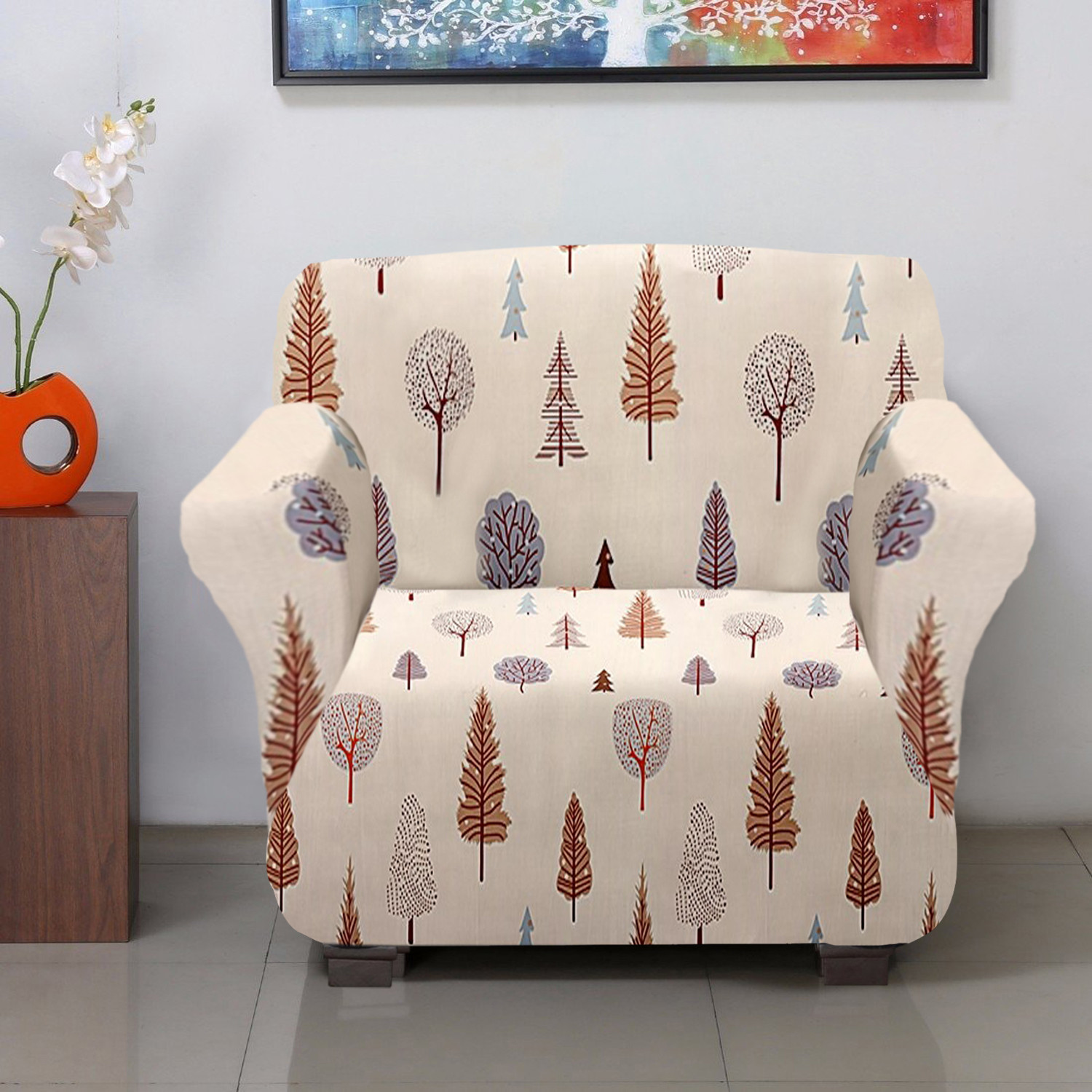 Kuber Industries Leaf Printed Stretchable, Non-Slip Polyster Single Seater Sofa Cover/Slipcover/Protector With Foam Stick (Cream)