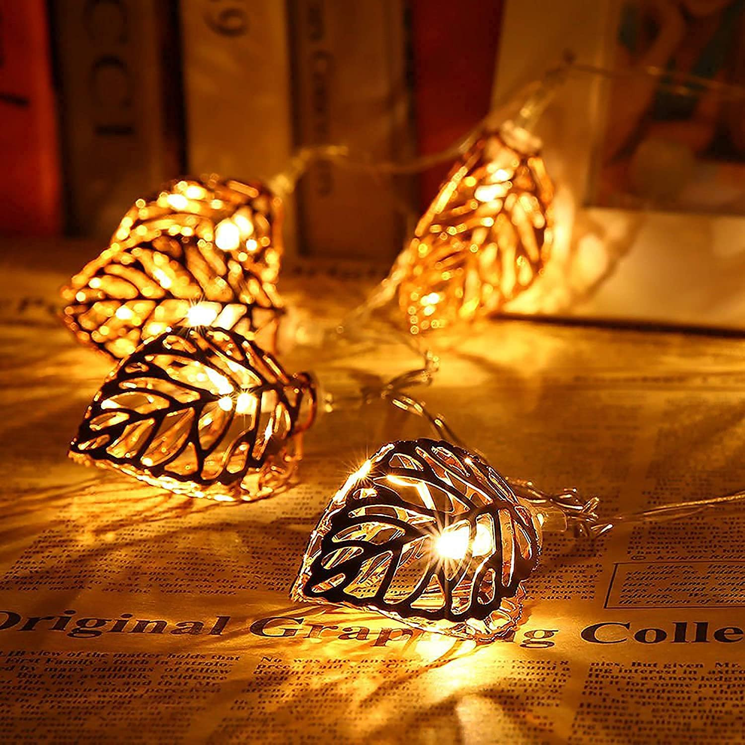 Kuber Industries Leaf Shape String Lights|Golden Metal Home Decoration Light|String Fairy Lights for Birthday Party,Diwali,Christmas,Navratri,14 LED (Warm White)